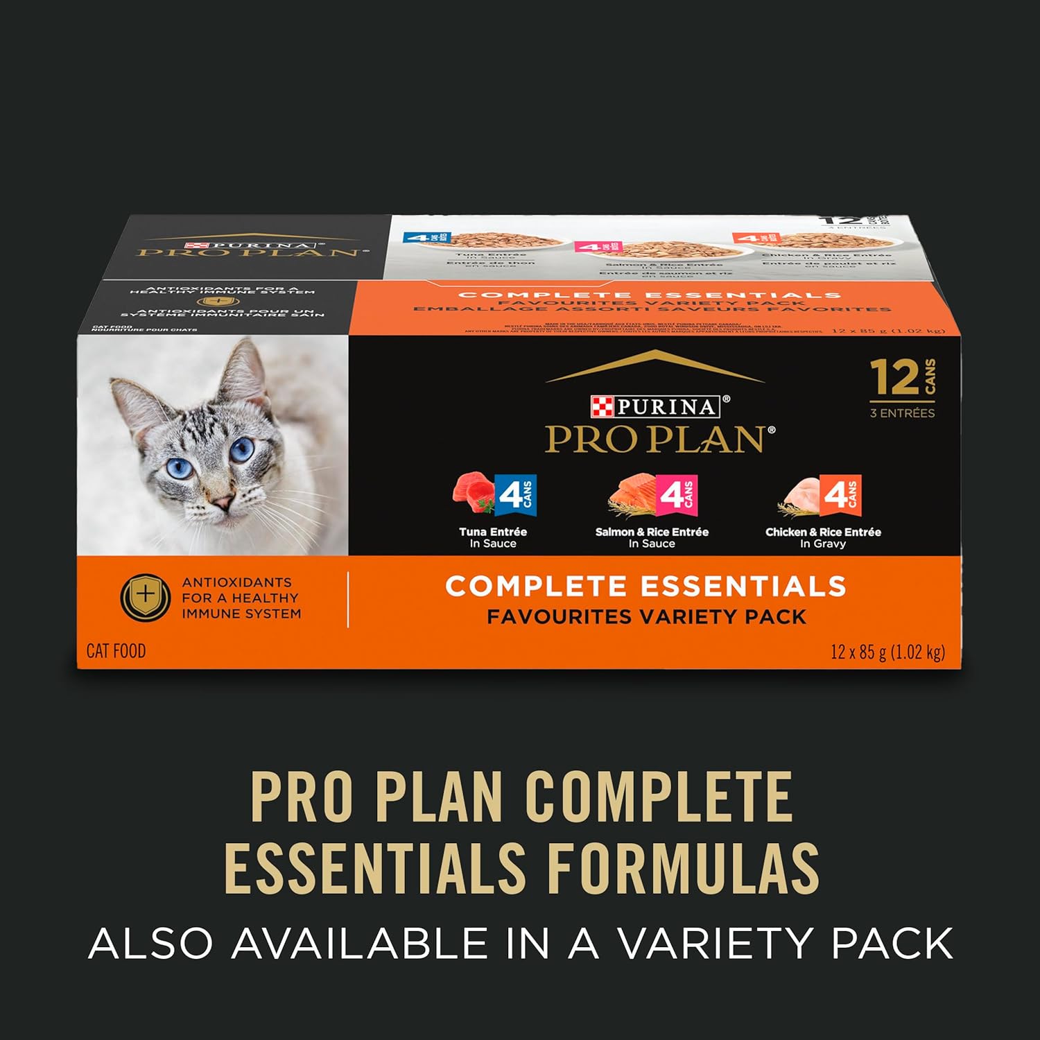 Cans of Purina Pro Plan High Protein Wet Cat Food with Tuna Entree, 3 oz, pack of 24, showing the product packaging.