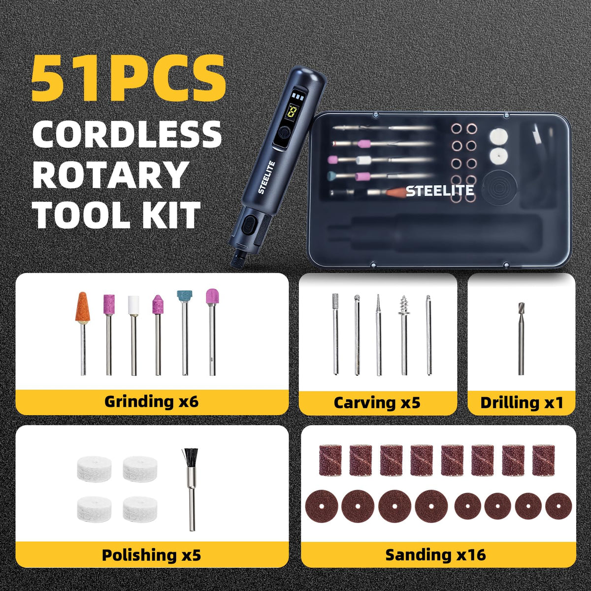 STEELITE Mini Cordless Rotary Tool Kit 6 Speed with 50 - Steelite Official Imagery - 3