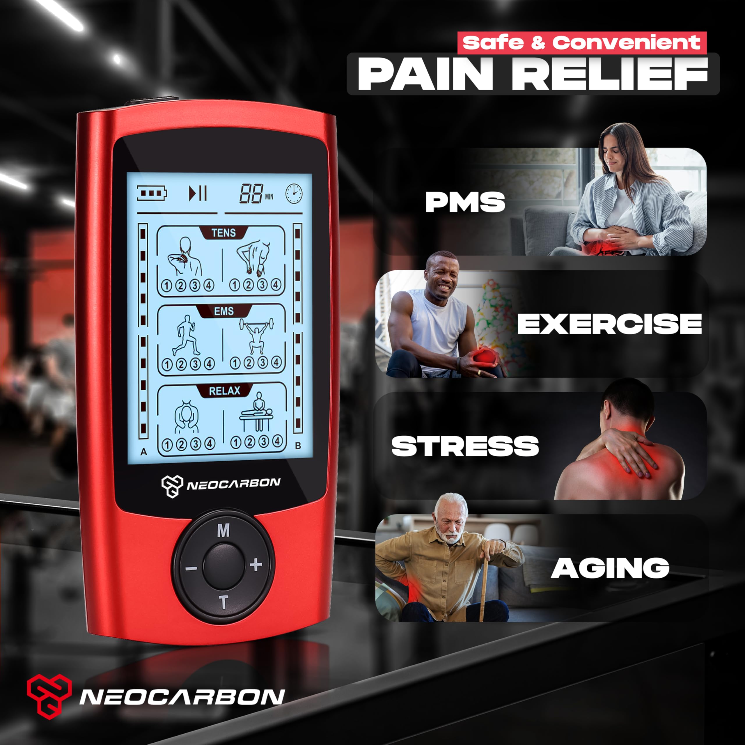 NEOCARBON TENS Unit Muscle Stimulator, Pulse Massager Machine, Red