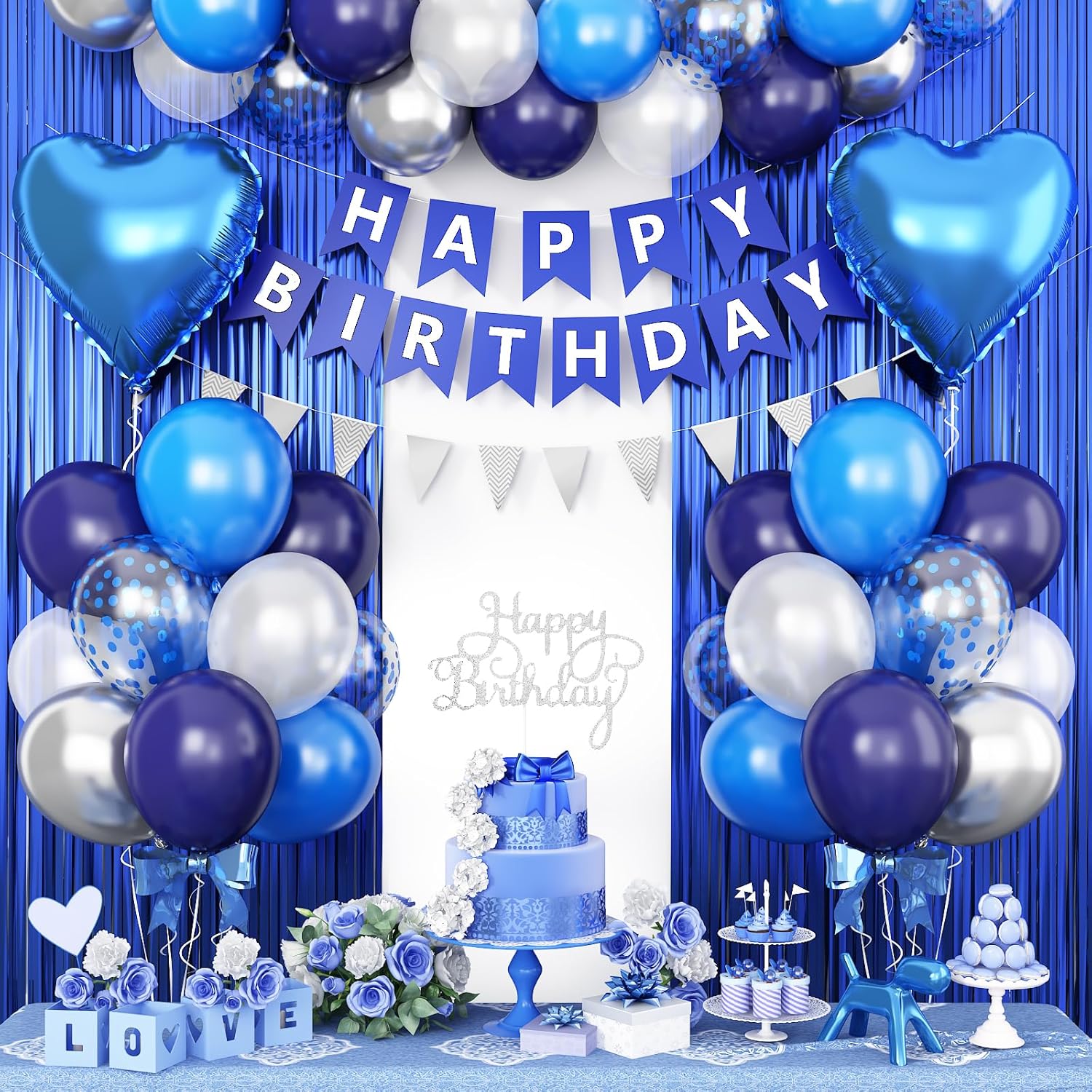 Blue and silver birthday decoration for men with navy blue and white balloons, heart-shaped foil balloons by Adorely