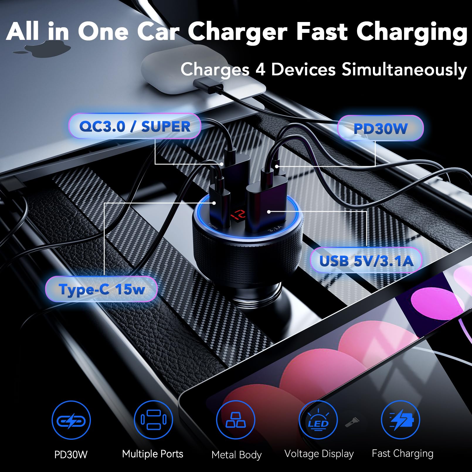 AGEK Car Charger USB C Fast Charge, 4 Port 78W Metal Car Phone Ch by AGEK - Angle View 2