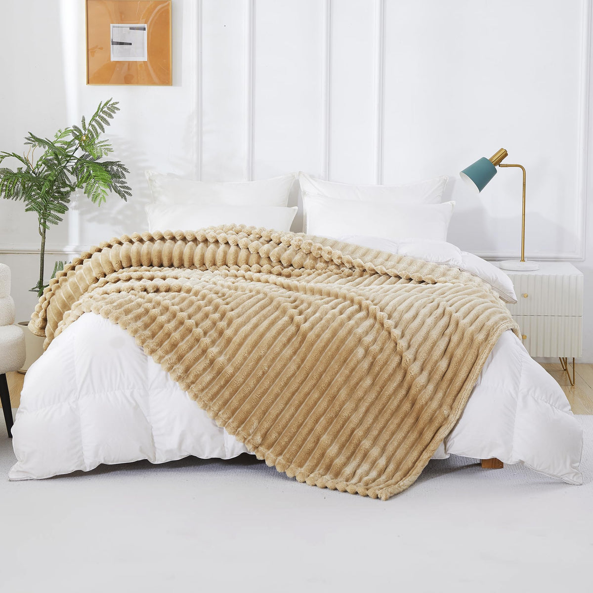Taliska Ribbed Fleece Throw Blanket for Couch Bed Khaki 60 - Taliska Official Imagery - 4