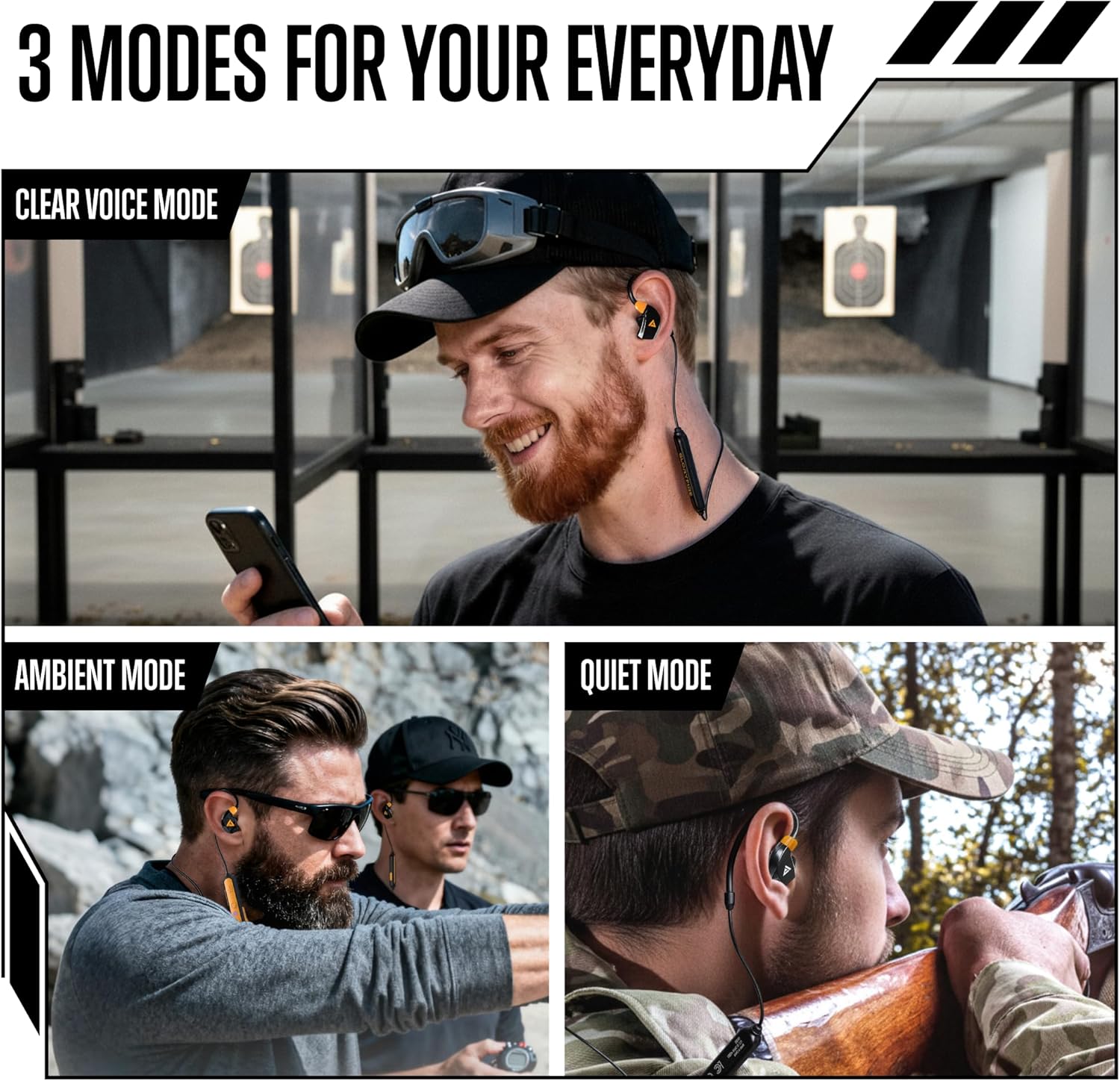 GLORYFIRE Bluetooth shooting ear protection earplugs in black and safety orange, designed for noise reduction and wireless audio.