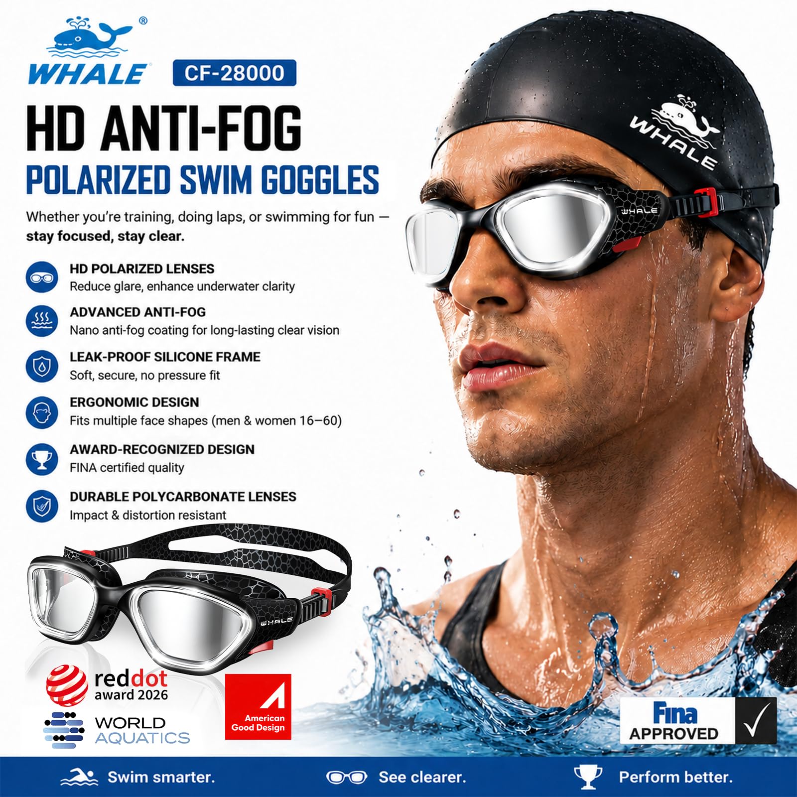 Whale Swim Goggles Polarized Anti-Fog Lenses, Unisex | 100% UV Pr - Whale Official Product View 2