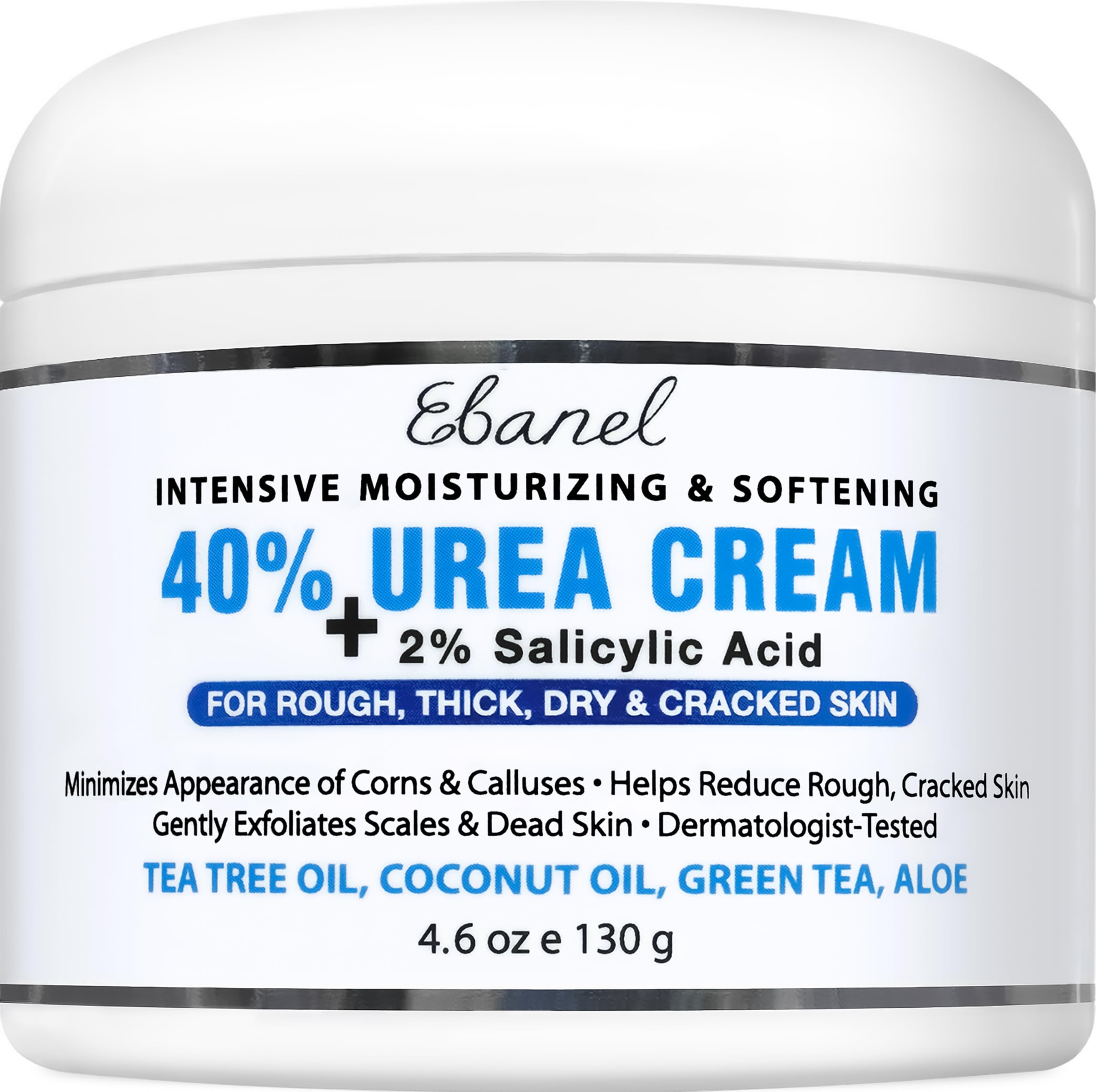 Ebanel Urea 40% moisturizer cream for dry, cracked feet and heels in a 4oz tub, showing the product container and label