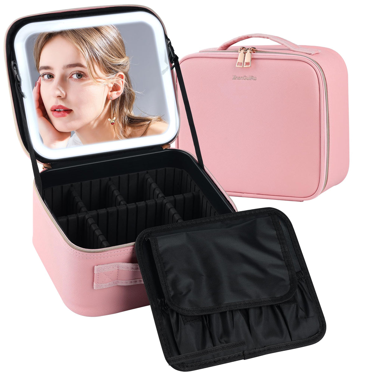 SJD Travel Makeup Bag with LED Mirror Portable Cosmetic Case - SJD LACE Official Imagery - 1