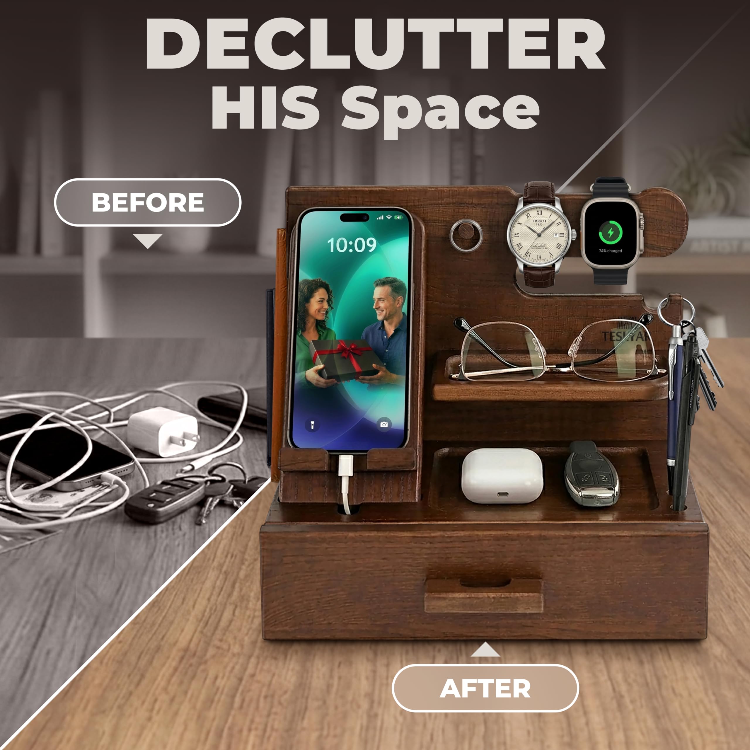TESLYAR Wood Phone Docking Station with Drawer - TESLYAR Official Imagery - 3