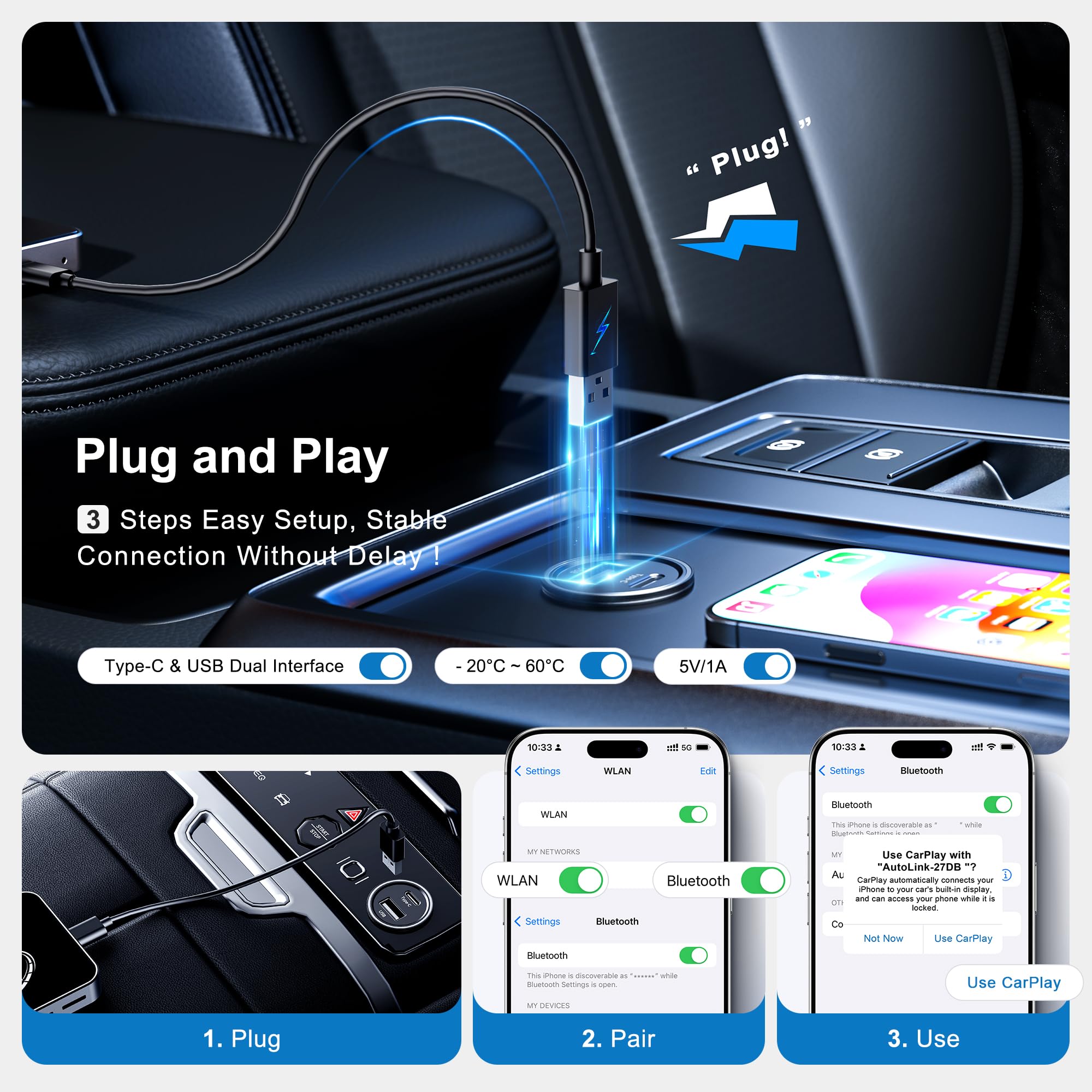 FAIMEE AI Box CarPlay, 3-in-1 Wireless CarPlay Adapter Android Au by FAIMEE - Angle View 3