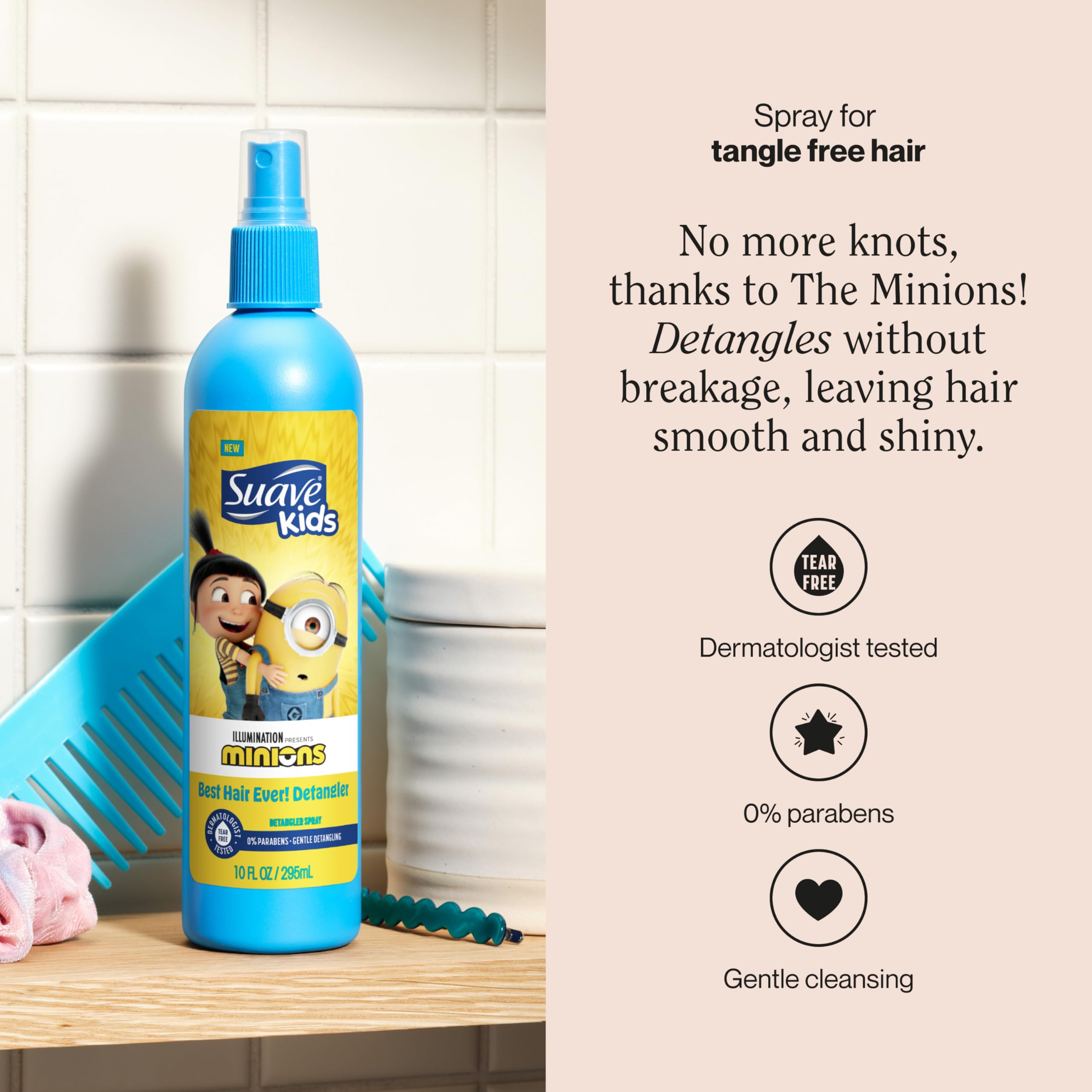 Suave Kids Detangler Spray Minions, Hair Detangling, Removing Knots and Making Kids Locks Soft, Smooth, and Shiny, 10 oz, Pack of 6