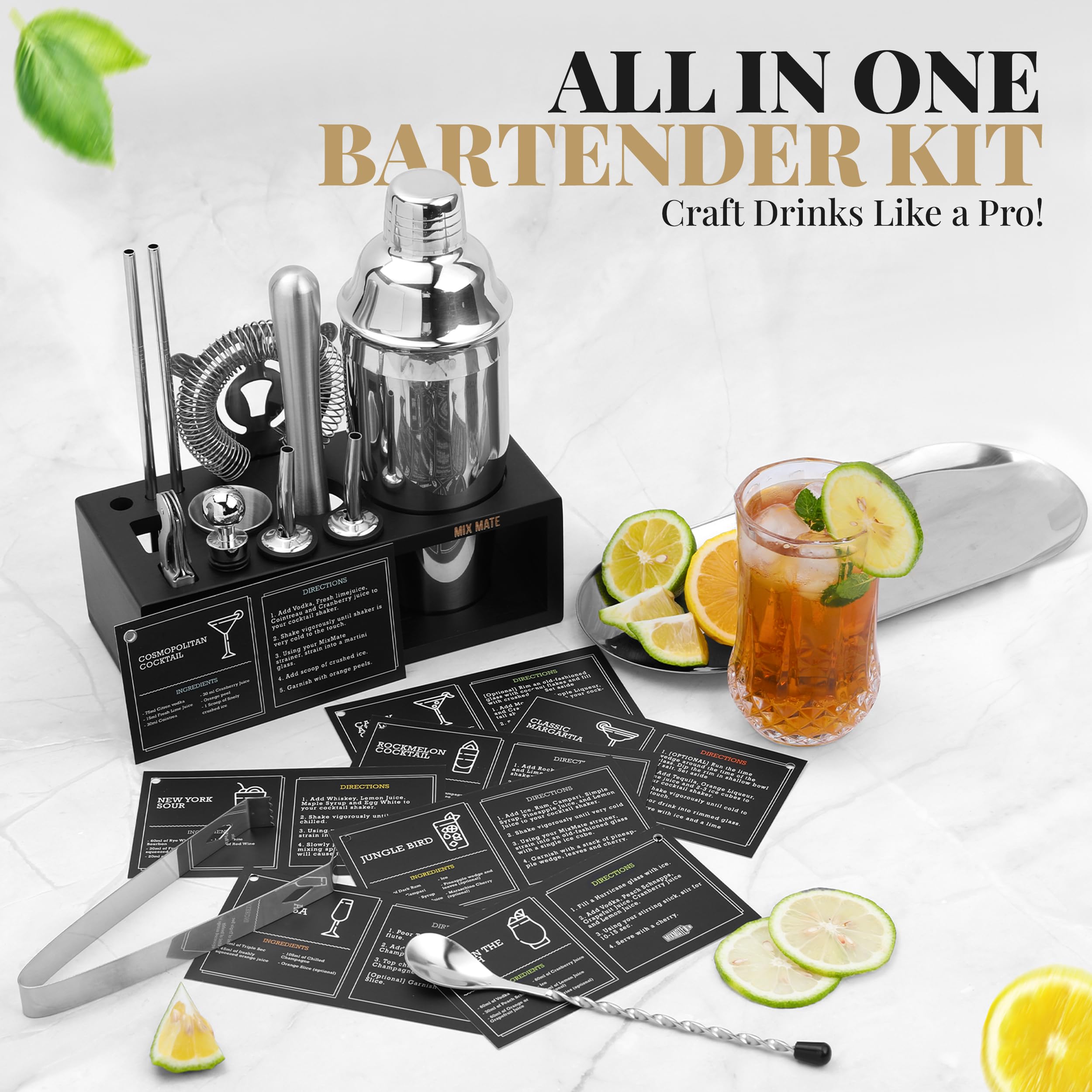 MixMate Mixology Bartender Kit with Stand - 15 Piece Bar Tool Set, Silver Bar Se - MixMate Official Product View 4