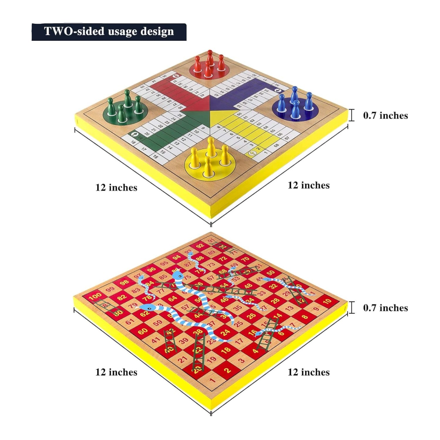 AMEROUS 12-inch wooden Ludo board game with snakes and ladders design, featuring colorful game pieces and a smooth finish.