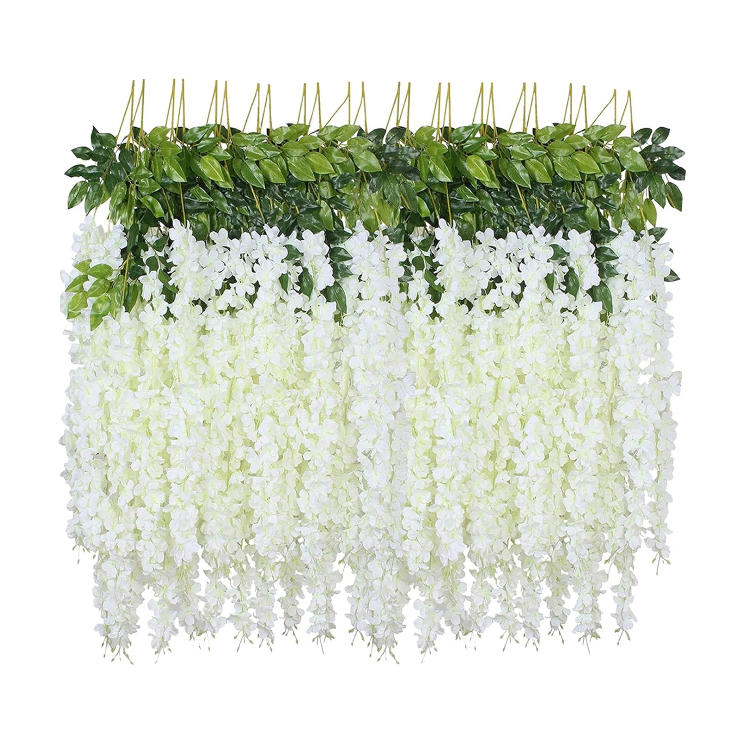 Set of 12 WEISPARK artificial hanging flowers in white, each 3.75 feet long, decorative faux floral garlands for home decor.