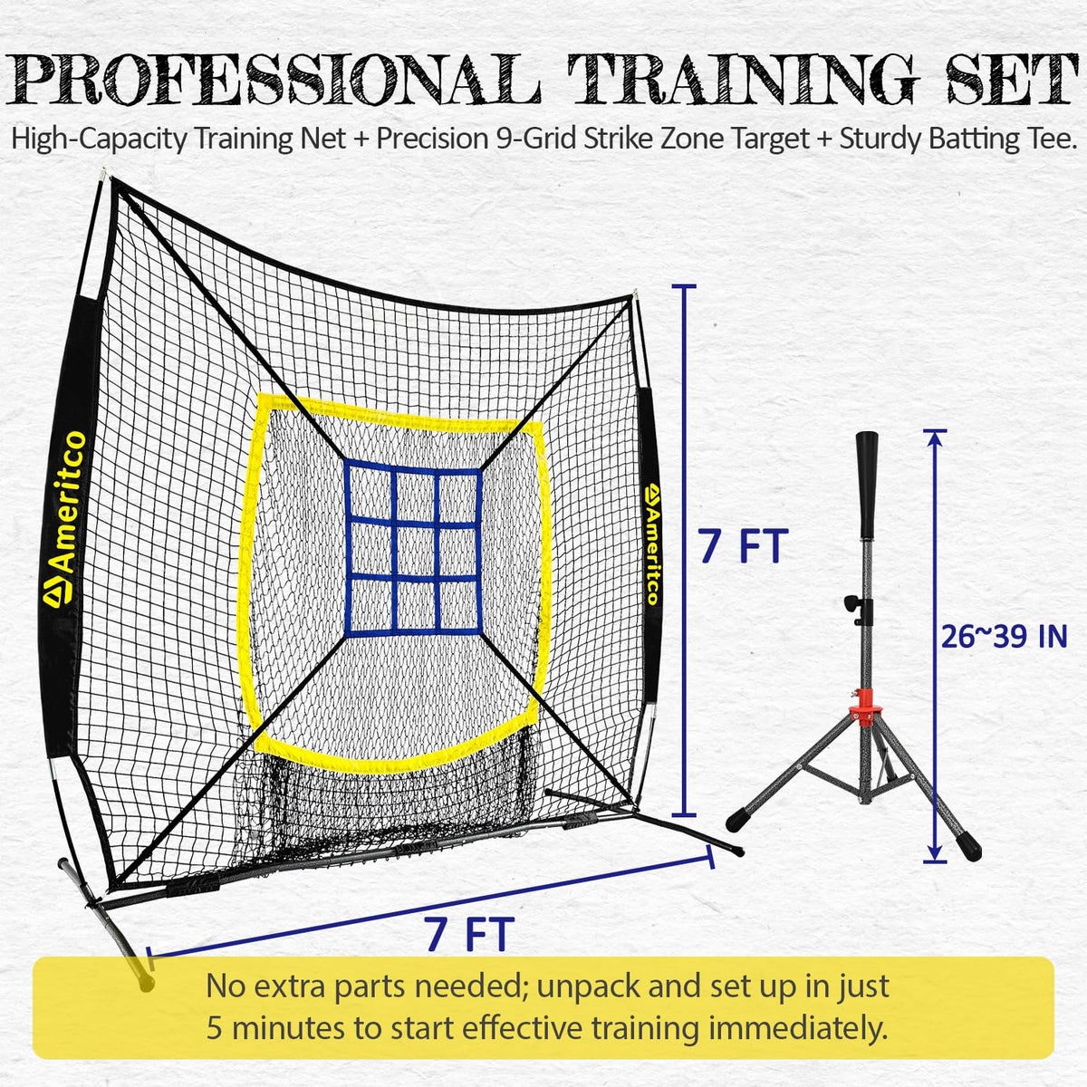 Baseball Net 7x7ft Baseball Practice Net with Tee and Target - Ameritco Official Imagery - 3