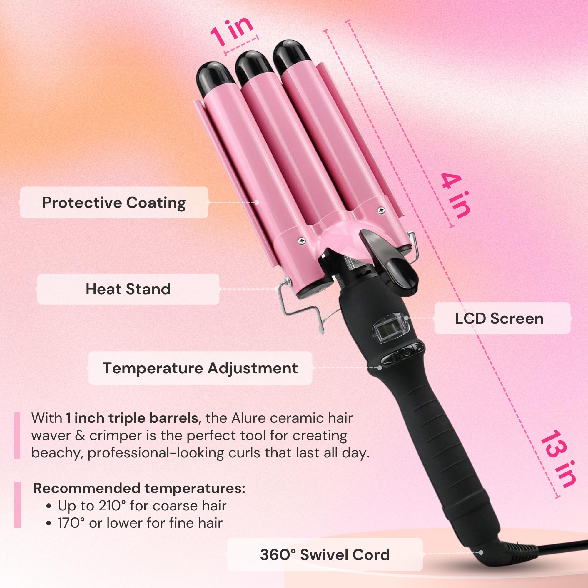 Alure Three Barrel Curling Iron Wand Hair Waver with LCD Temperature D - View 7