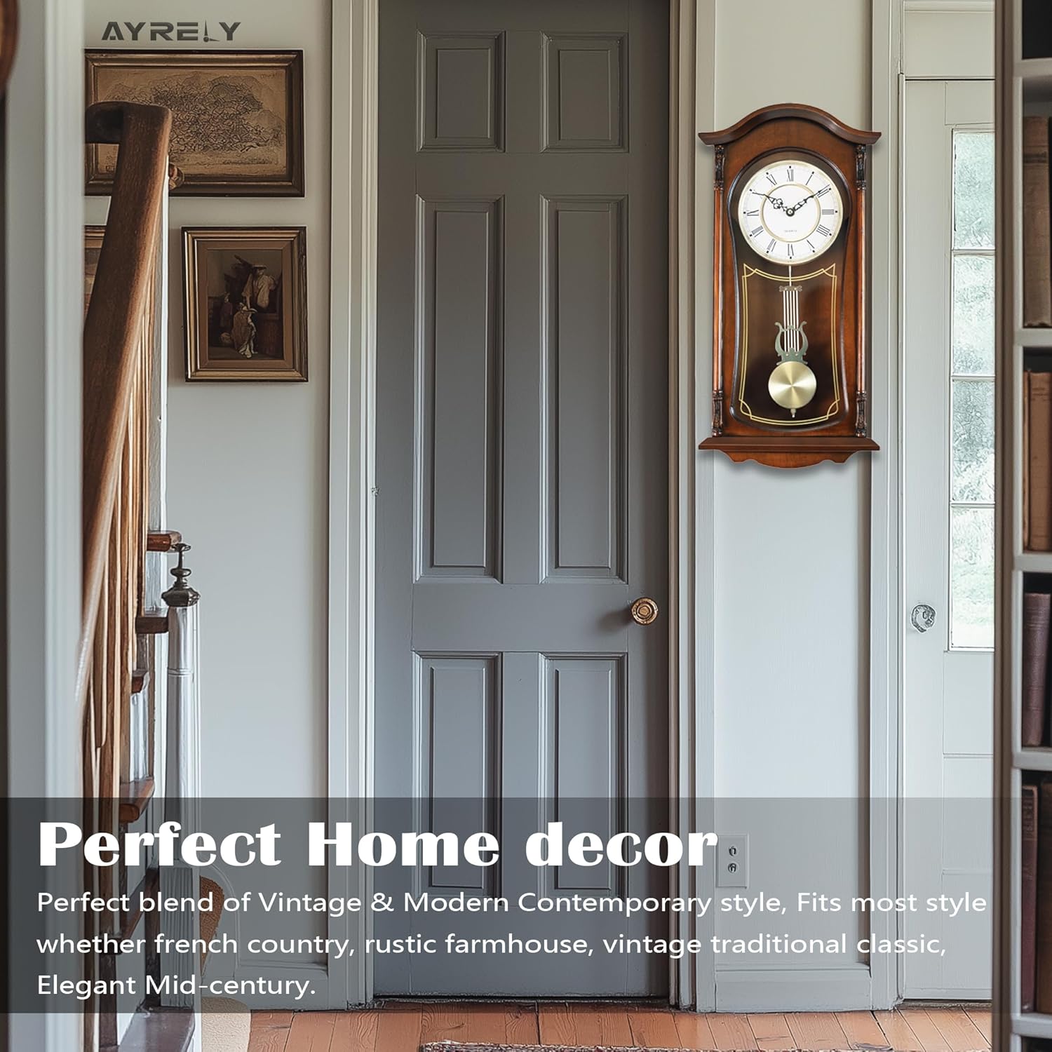 AYRELY® 22-inch vintage wall clock with pendulum and chime, featuring an antique-style design and classic Roman numerals.