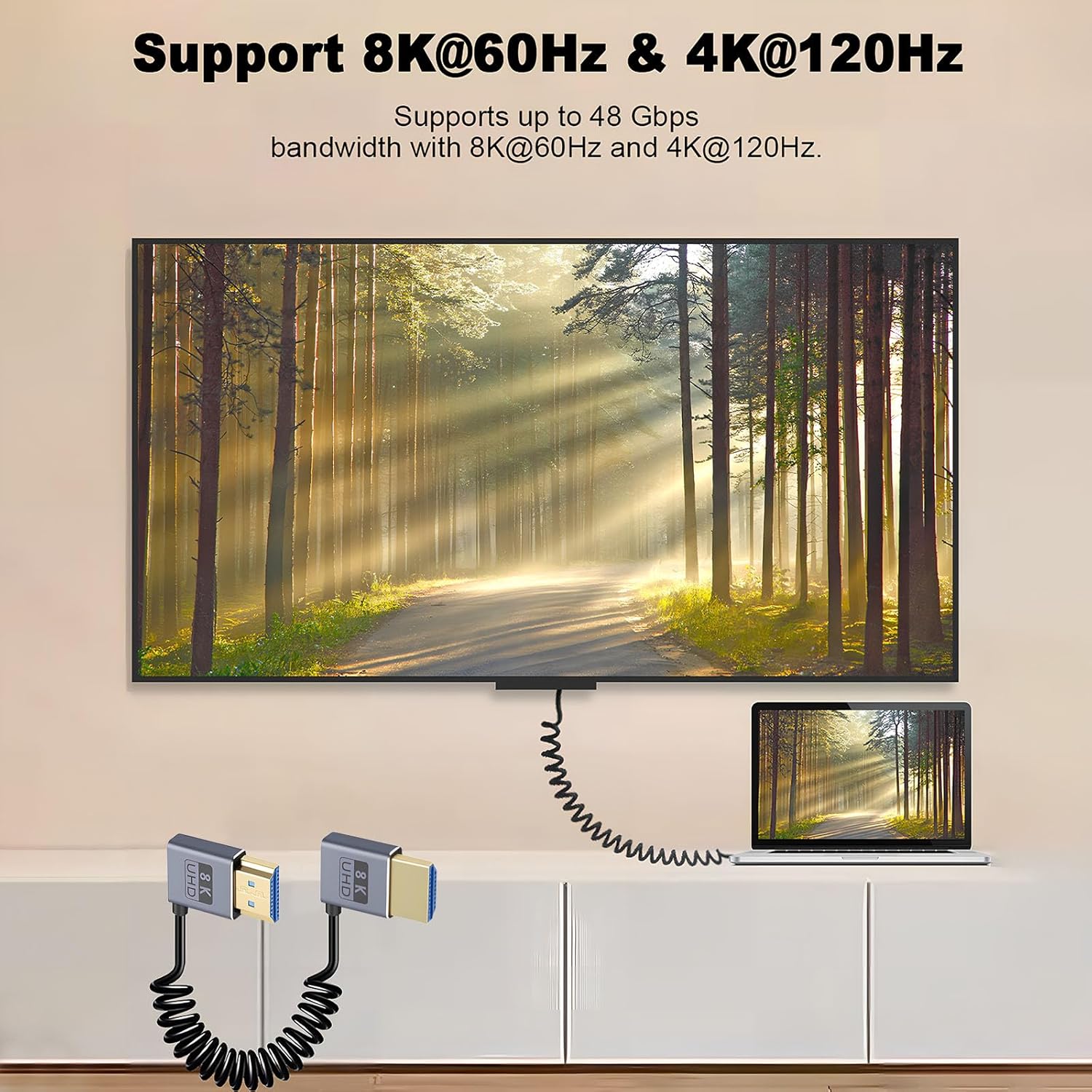 Duttek coiled right angle HDMI cable, 1-1.5ft, 8K@60Hz, 48Gbps, coaxial thin cable with left angle connector.
