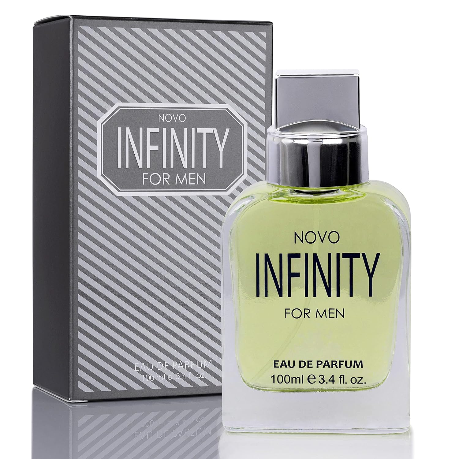NovoGlow Novo Infinity men's Eau De Parfum spray bottle, 3.4 fl oz, with sleek packaging and modern design.
