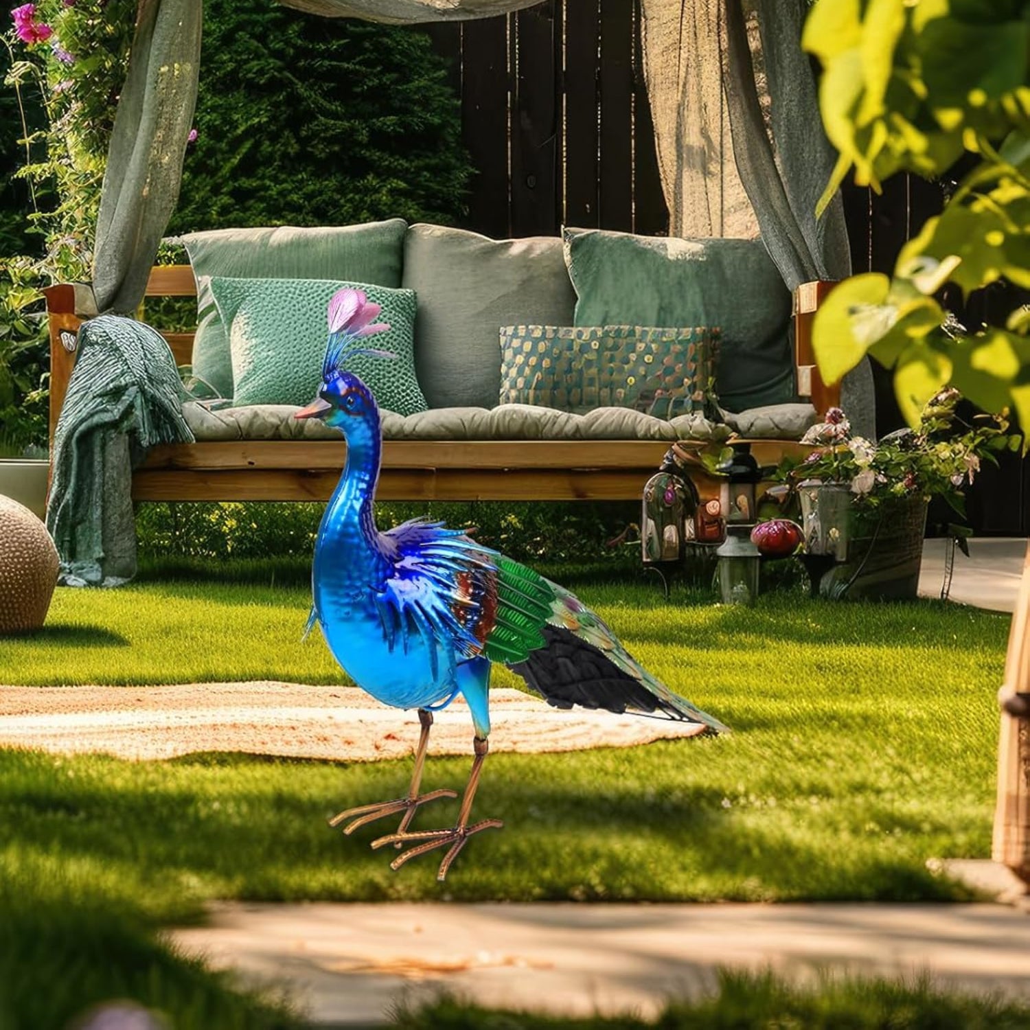Large metal peacock garden statue by YEAHOME, 24.4 inches tall, standing decorative outdoor garden decor with detailed feathers.
