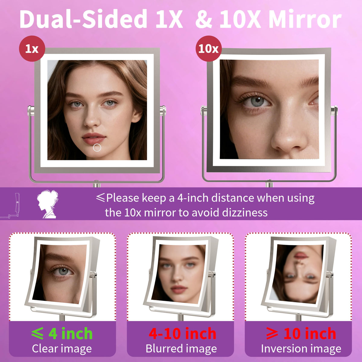 Wall Mounted Lighted Makeup Mirror 1X 10X Square Brushed - MIROAMZ Official Imagery - 6