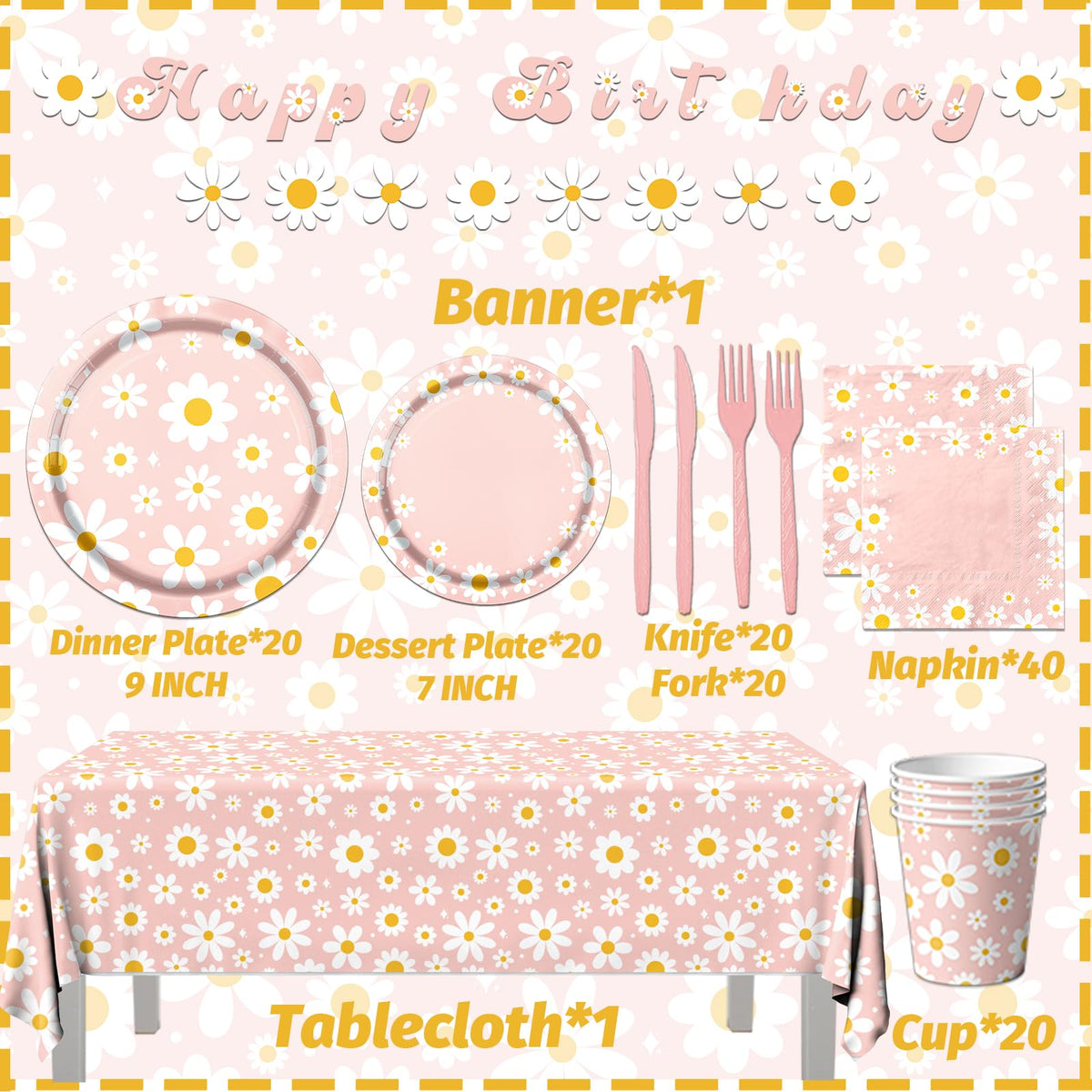 142PCS Daisy Birthday Party Tableware Set Pink Groovy Daisy - Bezkega Official Imagery - 7