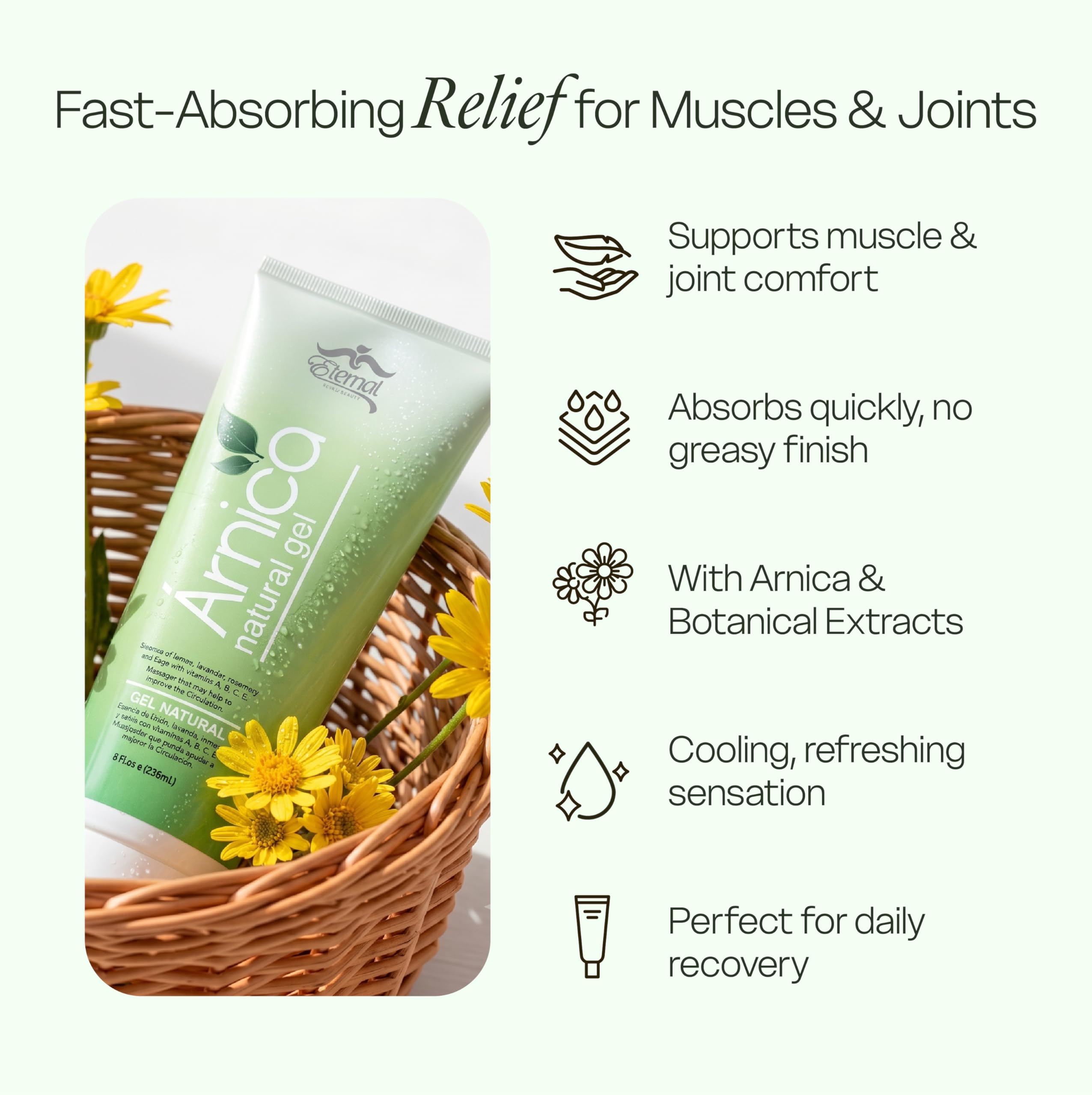 Eternal Spirit Beauty Arnica Gel cooling botanical skin moisturizer in an 8oz tube with fresh herbal ingredients.
