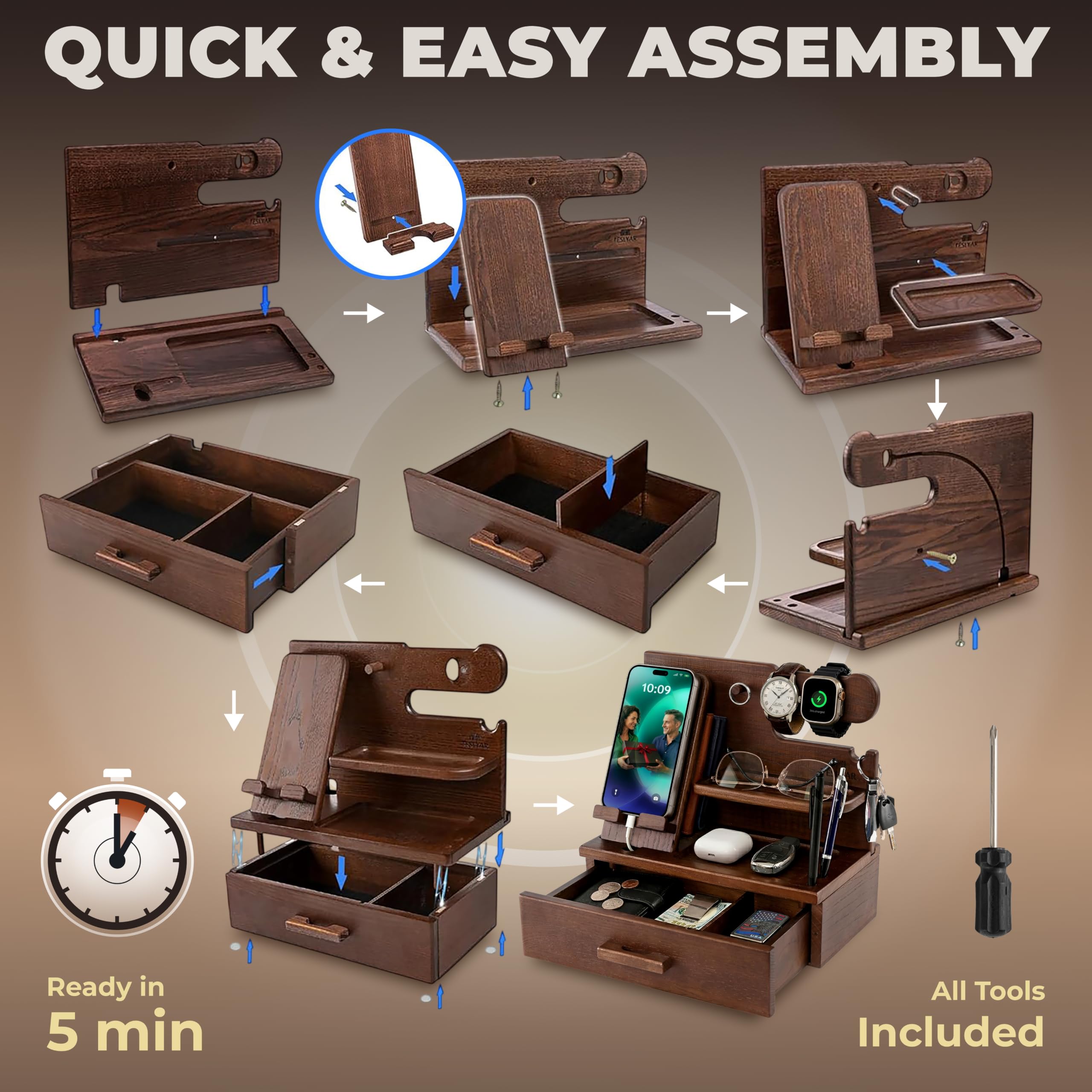 TESLYAR Wood Phone Docking Station with Drawer - TESLYAR Official Imagery - 8