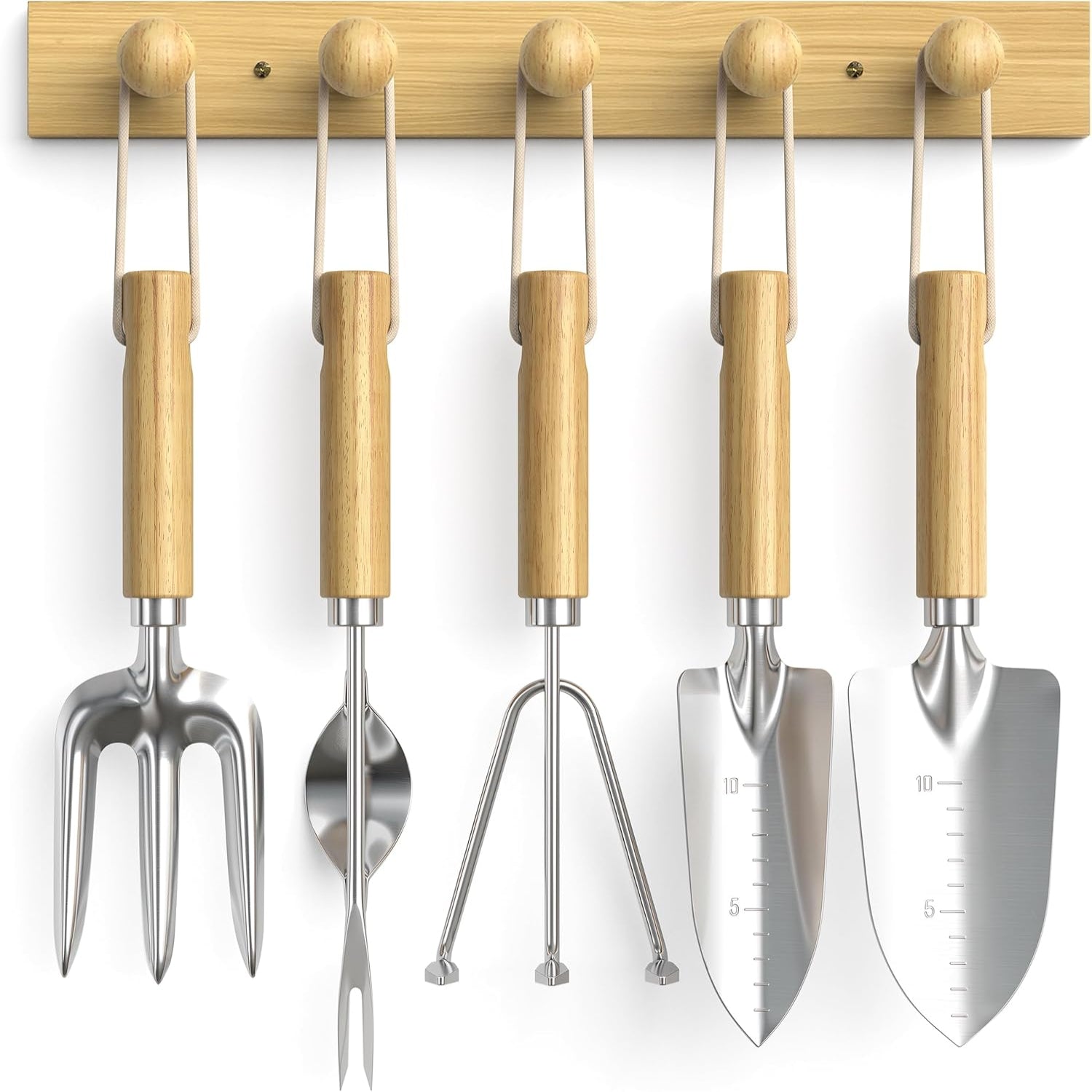 Grenebo wood wall hooks organizer with gardening tool set, 6-piece garden storage and hanging hooks for outdoor or indoor use.