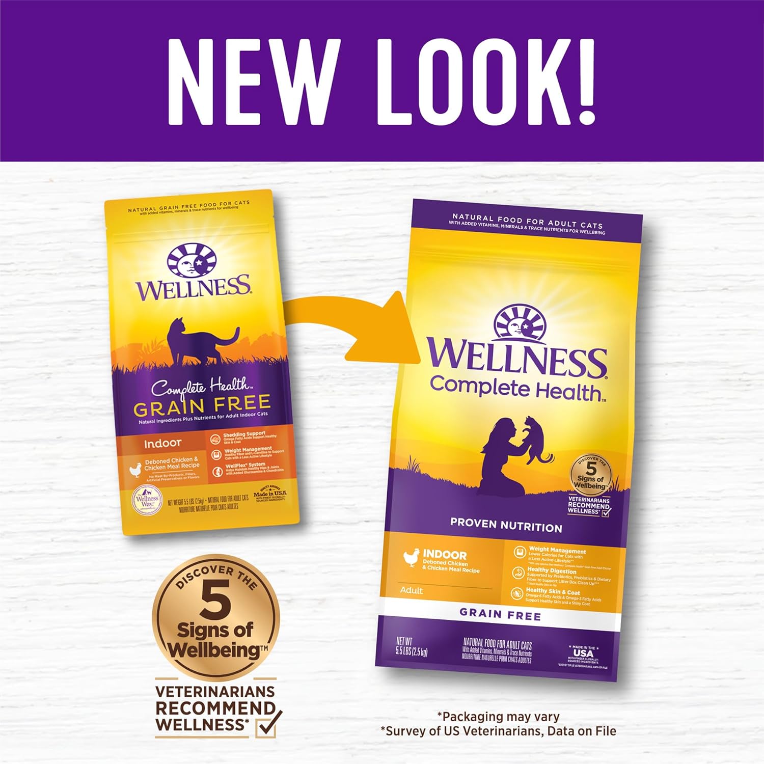 Wellness Complete Health adult dry cat food for indoor cats, grain-free with chicken and chicken meal in a 5.5 lb bag