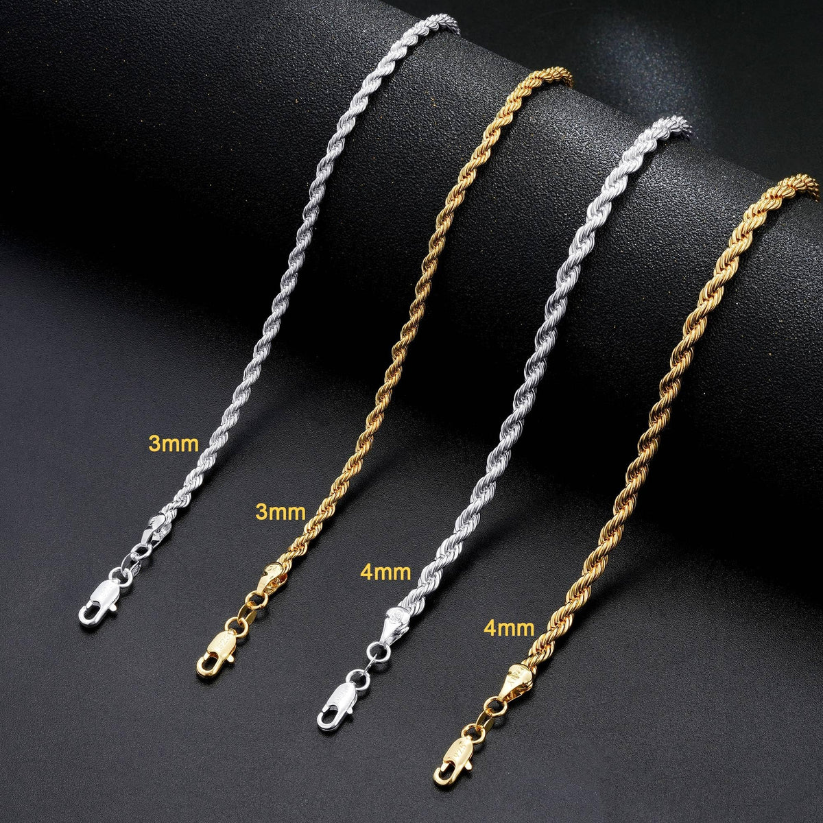 925 Sterling Silver Rope Chain for Men 3mm 4mm - Maxcate Official Imagery - 7