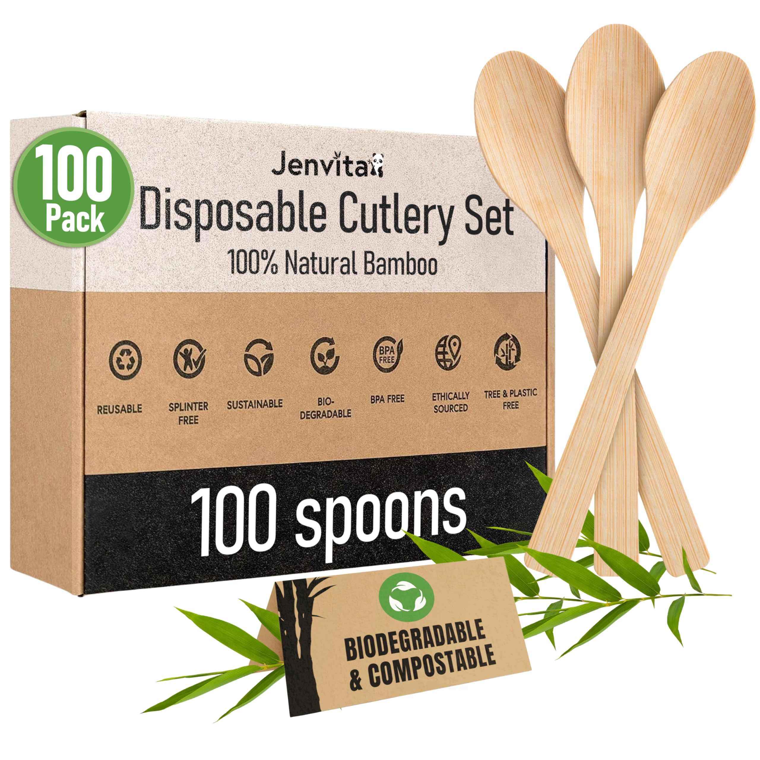 100% Bamboo Spoons, 100 Pack, Compostable Cutlery - Product Imagery