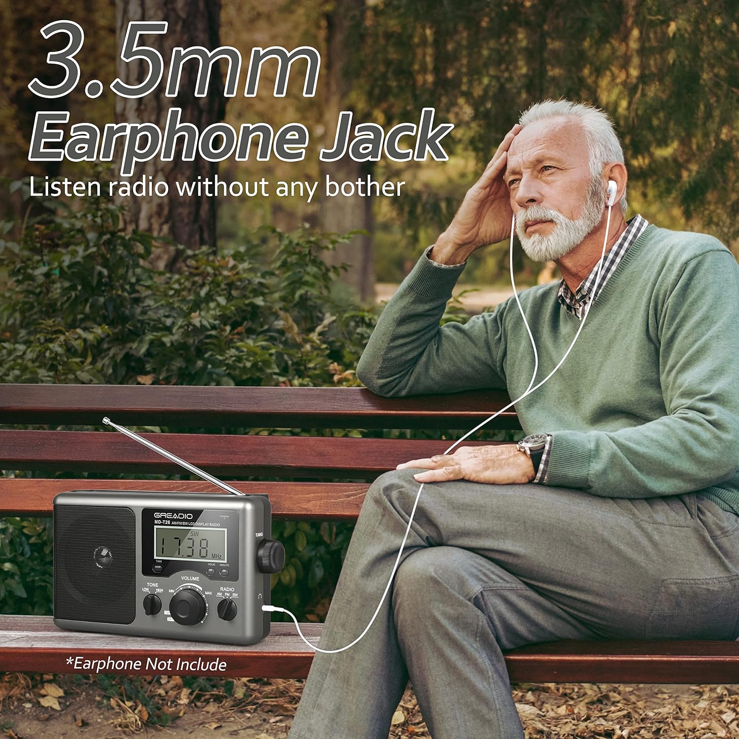 Greadio portable shortwave radio with LCD display, AM/FM tuner, and transistor design for excellent reception and clear audio.