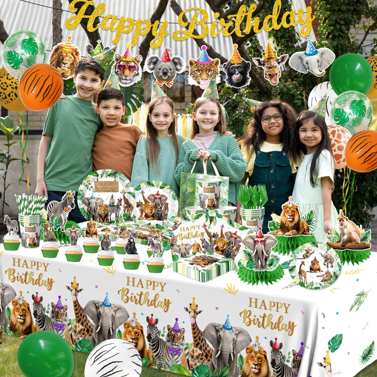 Safari Themed Party Decorations Tableware 198pcs Jungle - Meuqeaju Official Imagery - 5