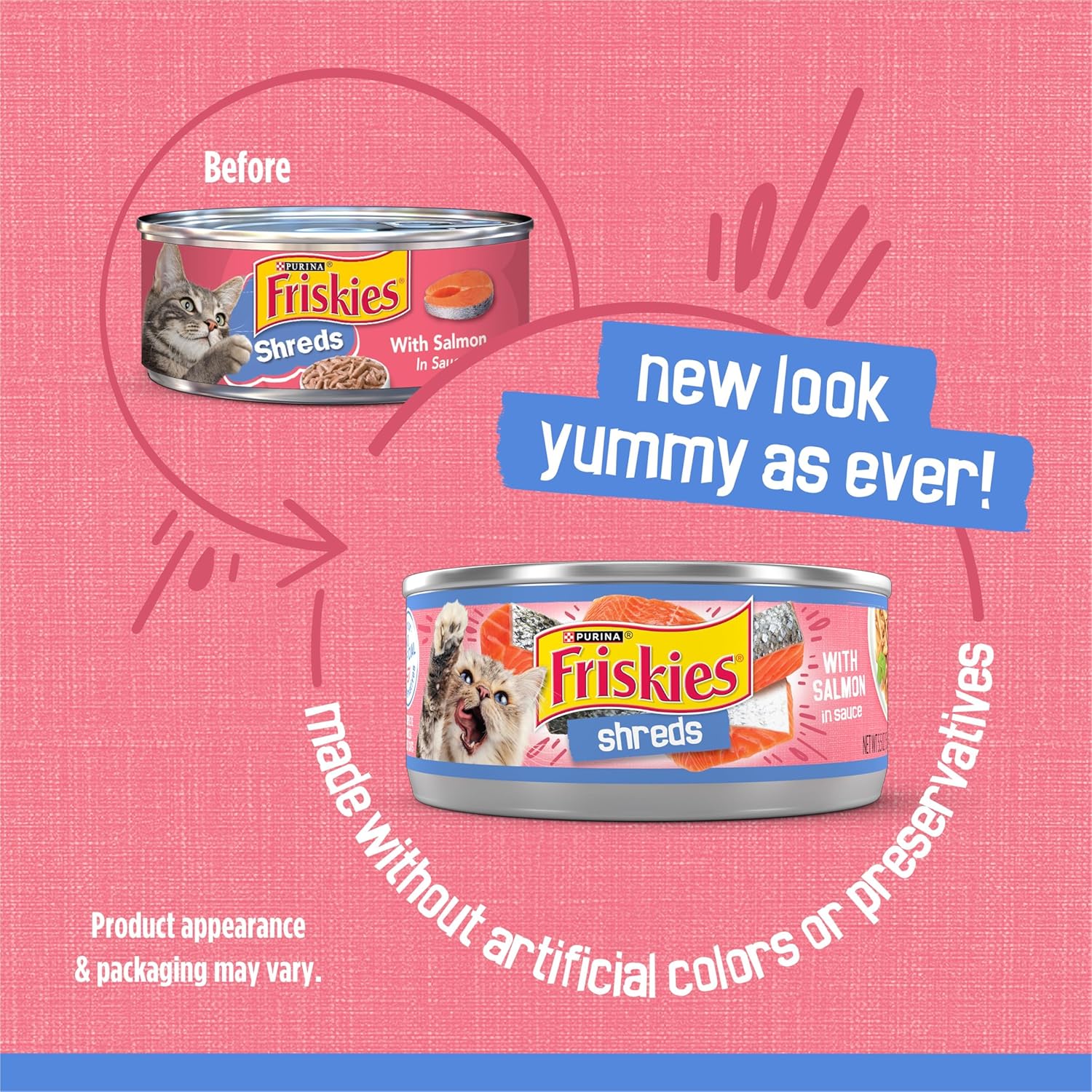 Cans of Purina Friskies Shreds with Salmon in Sauce wet cat food, 5.5 oz, pack of 24, showing the product label and can design.
