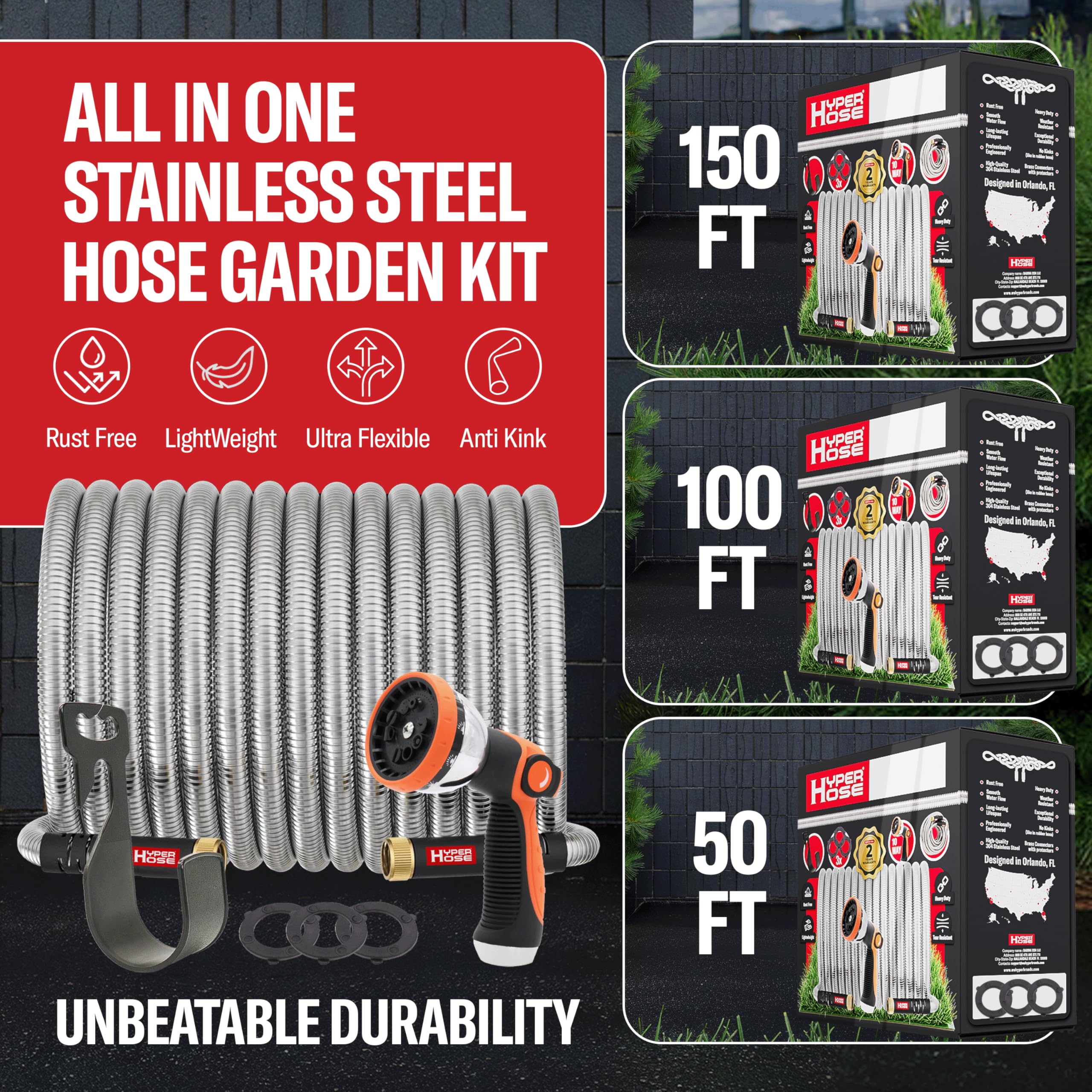 HYPER HOSE Best 100 ft Metal Garden Hose Set - No-Kink Durable 31 - HYPER HOSE Official Product View 2
