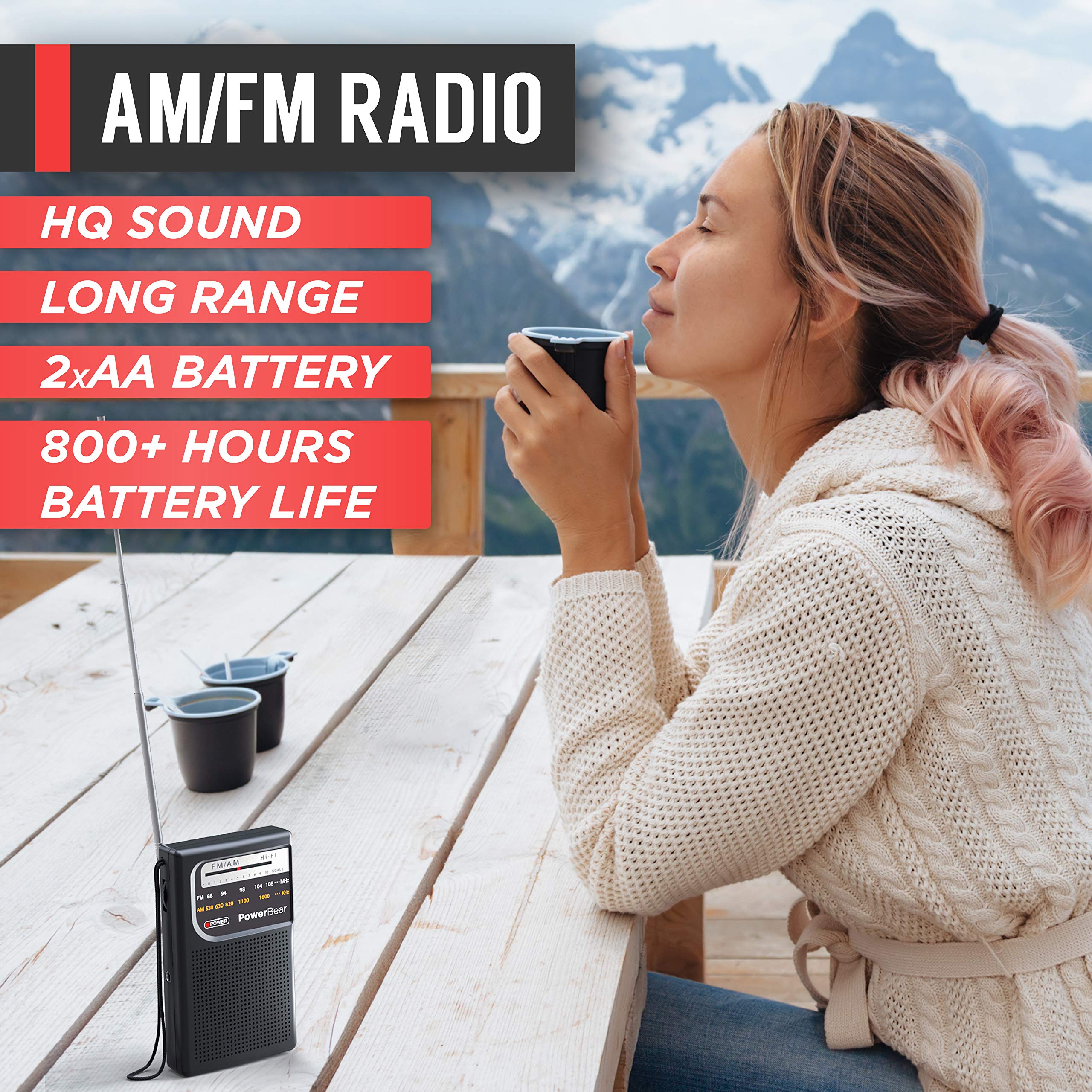 PowerBear Portable AM/FM Radio, 800Hr Battery Life, Black