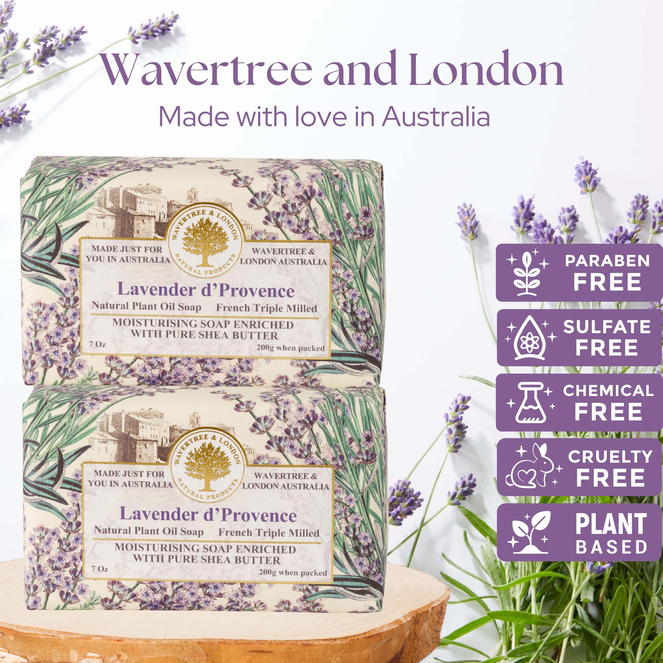 Wavertree & London Lavender Scented Natural Soap Bars (Pack of 2), 7oz Moisturizing French Triple Milled Soap Bars enriched with shea butter - Pure Plant Oil Bath & Body Bar for All Skin Types - Wavertree & London Official Product View 3