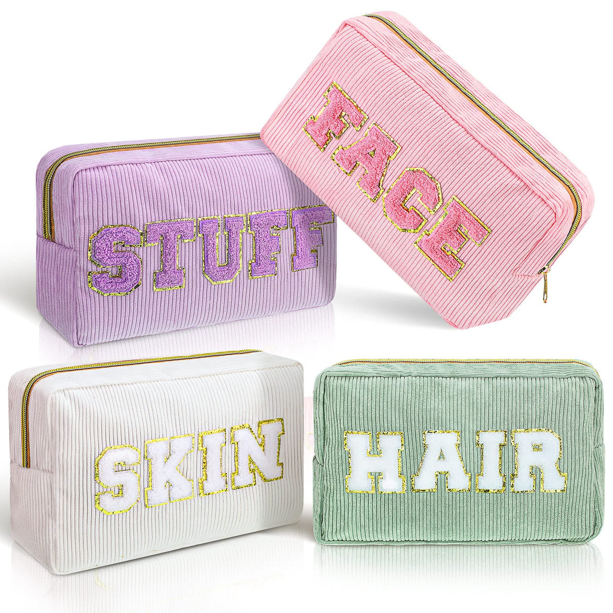 4 Preppy Chenille Letter Makeup Bags Purple Pink White Green - Pinkunn Official Imagery - 2