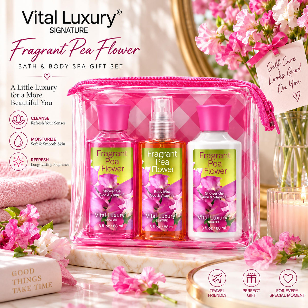 Bath Body Care Travel Set with Fragrant Pea Flower Bath Set - Vital Luxury Official Imagery - 7