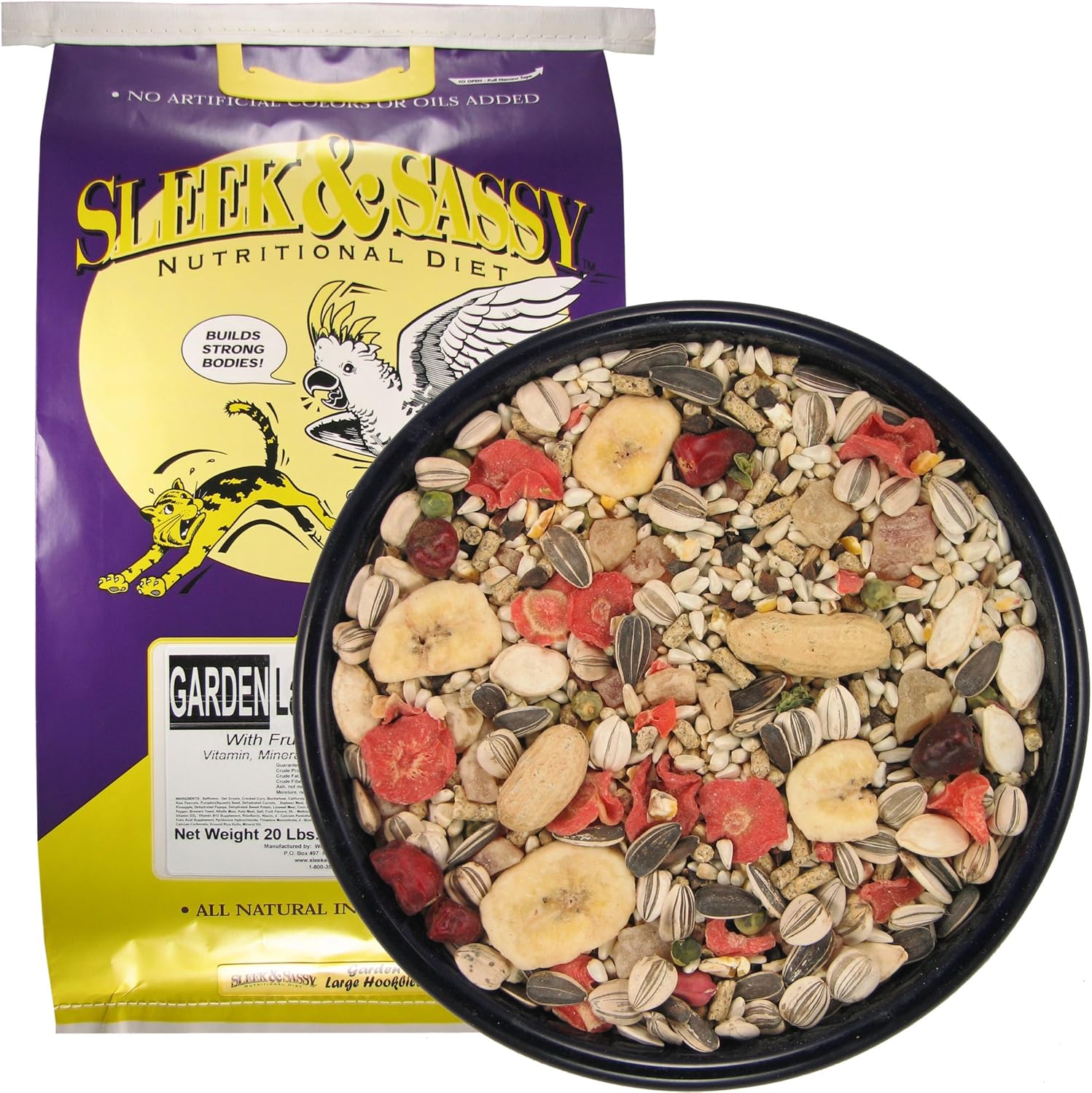 Large hookbill parrot food for conures and amazons by SLEEK & SASSY, showing colorful seed mix in a clear container.