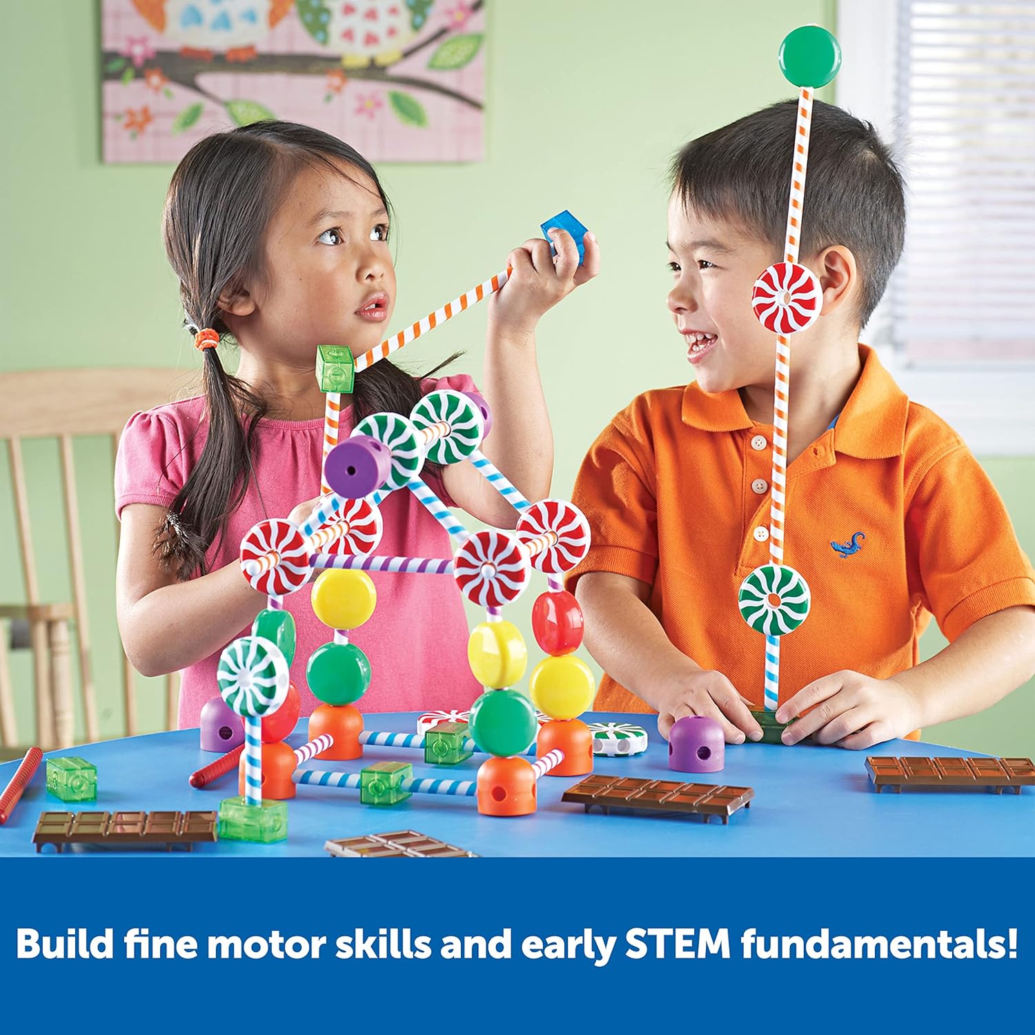 Colorful Learning Resources Candy Construction Building Set with 92 pieces for ages 4 and up, featuring plastic building blocks and shapes.