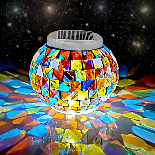 Aukora color-changing solar-powered glass ball garden light, decorative table lamp with vibrant LED illumination at dusk