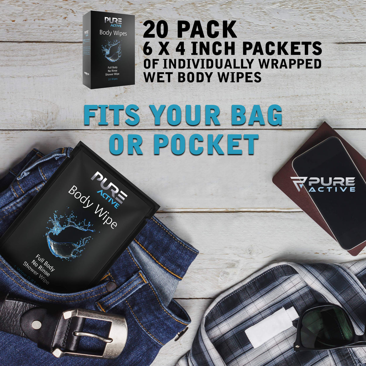 Shower Body Wipes 40 Individually Wrapped Personal Hygiene - Pure Active Official Imagery - 5