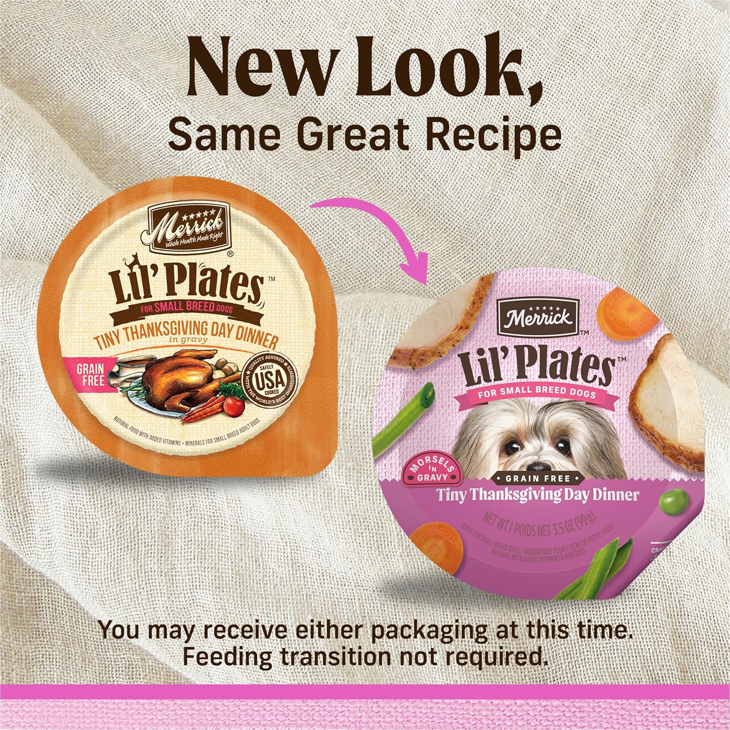Merrick Lil’ Plates grain-free wet dog food for small dogs, 3.5 oz tubs, featuring a tiny Thanksgiving Day dinner in a pack of 12