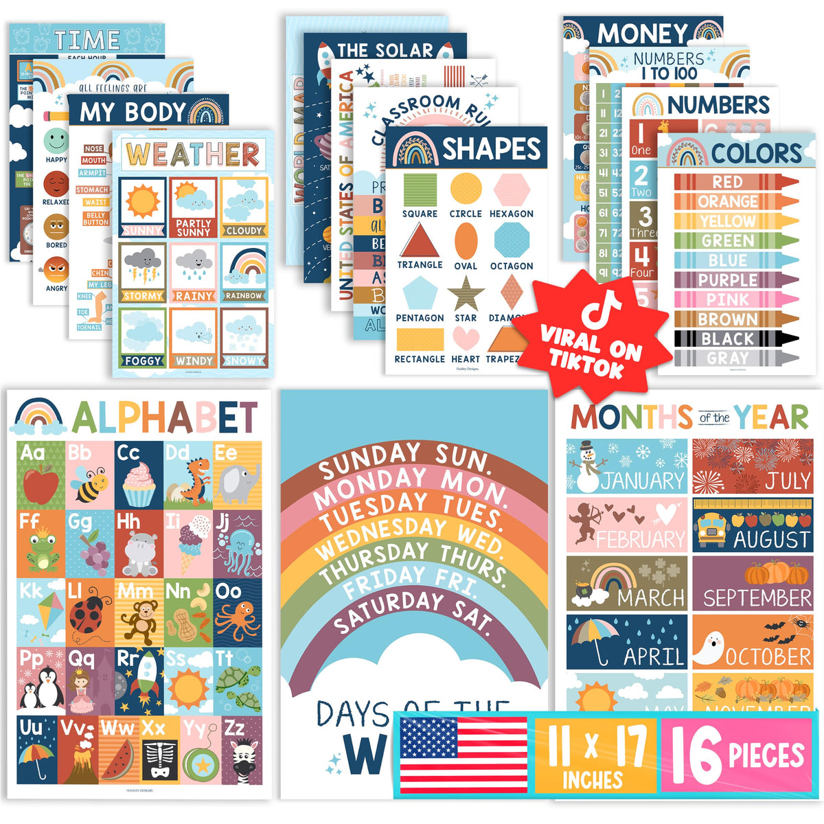 16 Laminated Toddler Learning Posters 1 3 for Preschool - Hadley Designs Official Imagery - 1