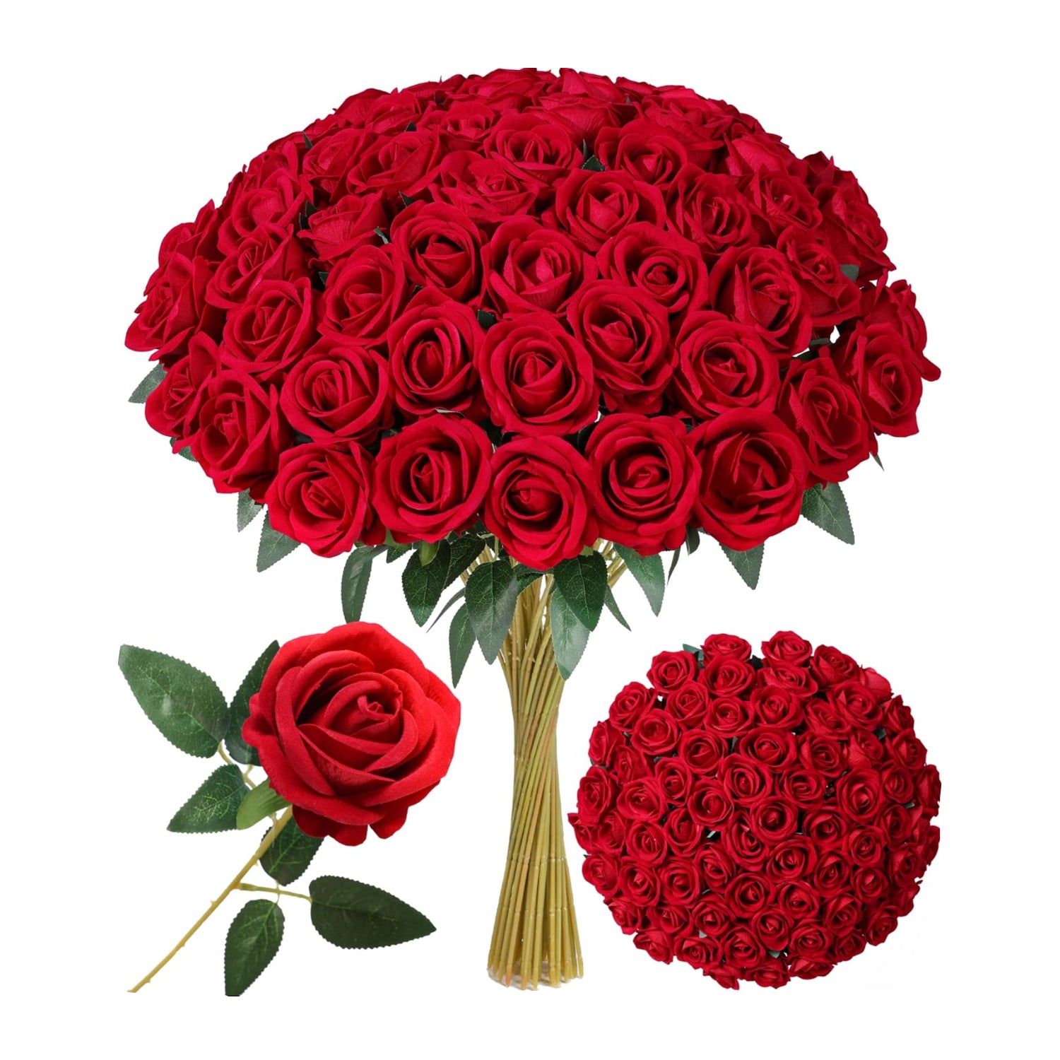 50 pcs INSPRING red artificial roses with long stems, realistic fake flowers for decoration or crafts.