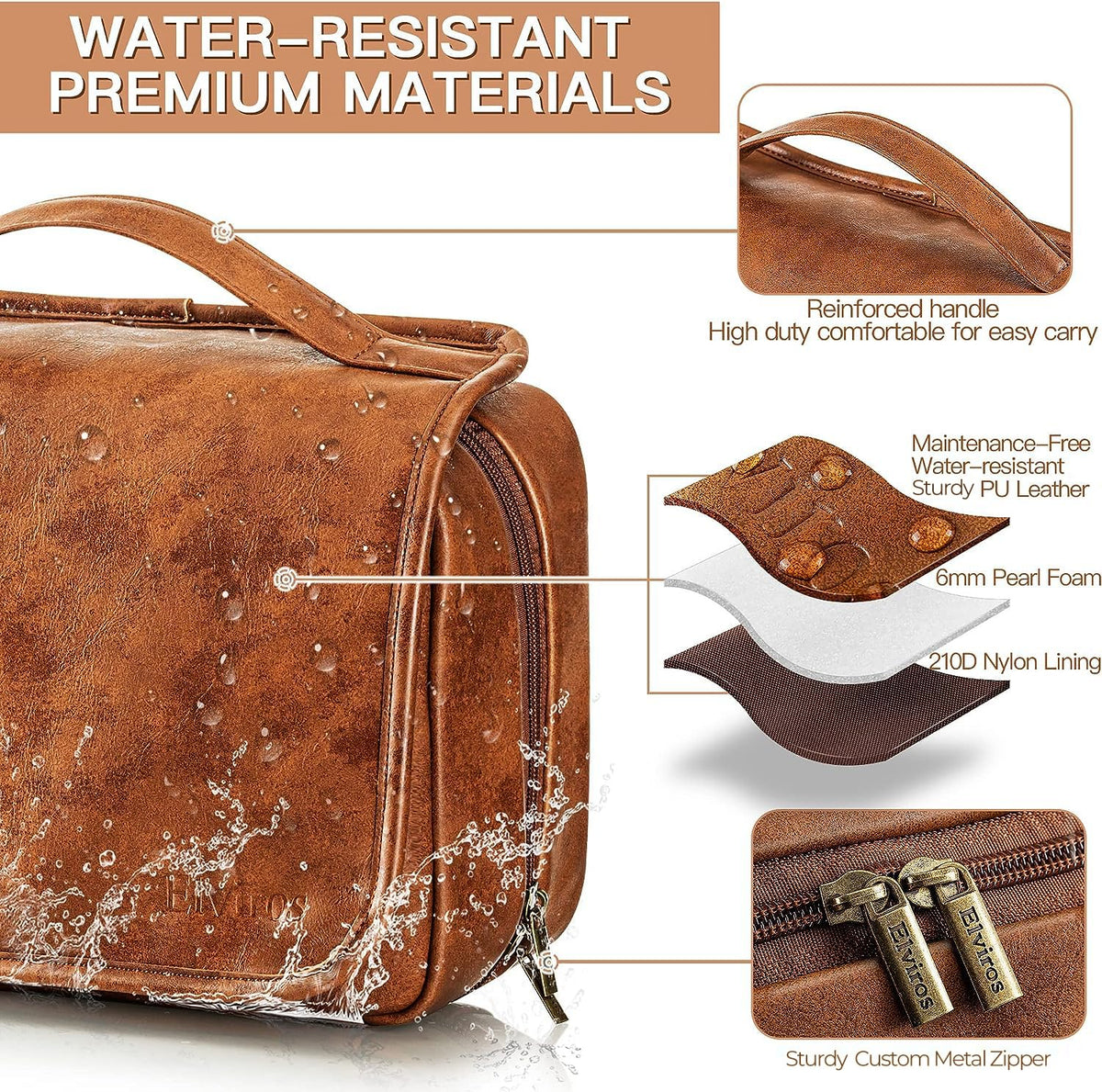 Elviros Hanging Toiletry Bag for Men PU Leather Shaving Dopp - Elviros Official Imagery - 6