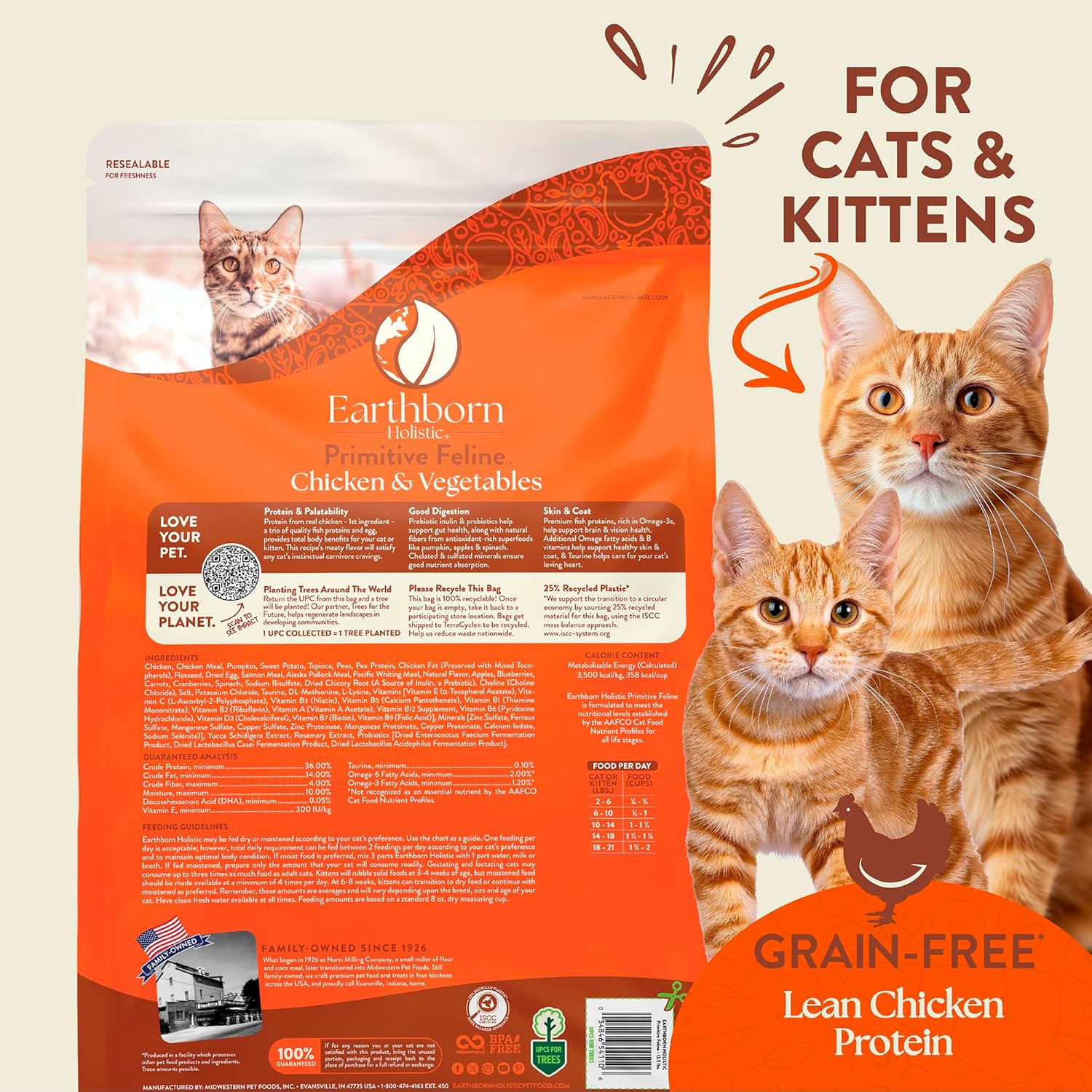 Earthborn Holistic Primitive Feline grain-free dry cat food bag showing 12.5 lb. package with natural cat food ingredients.