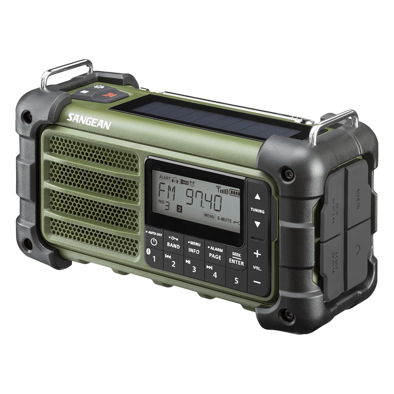 Sangean MMR-99 emergency radio with digital tuning, AM/FM, Bluetooth, AUX, weather alert, and multiple power options, black design
