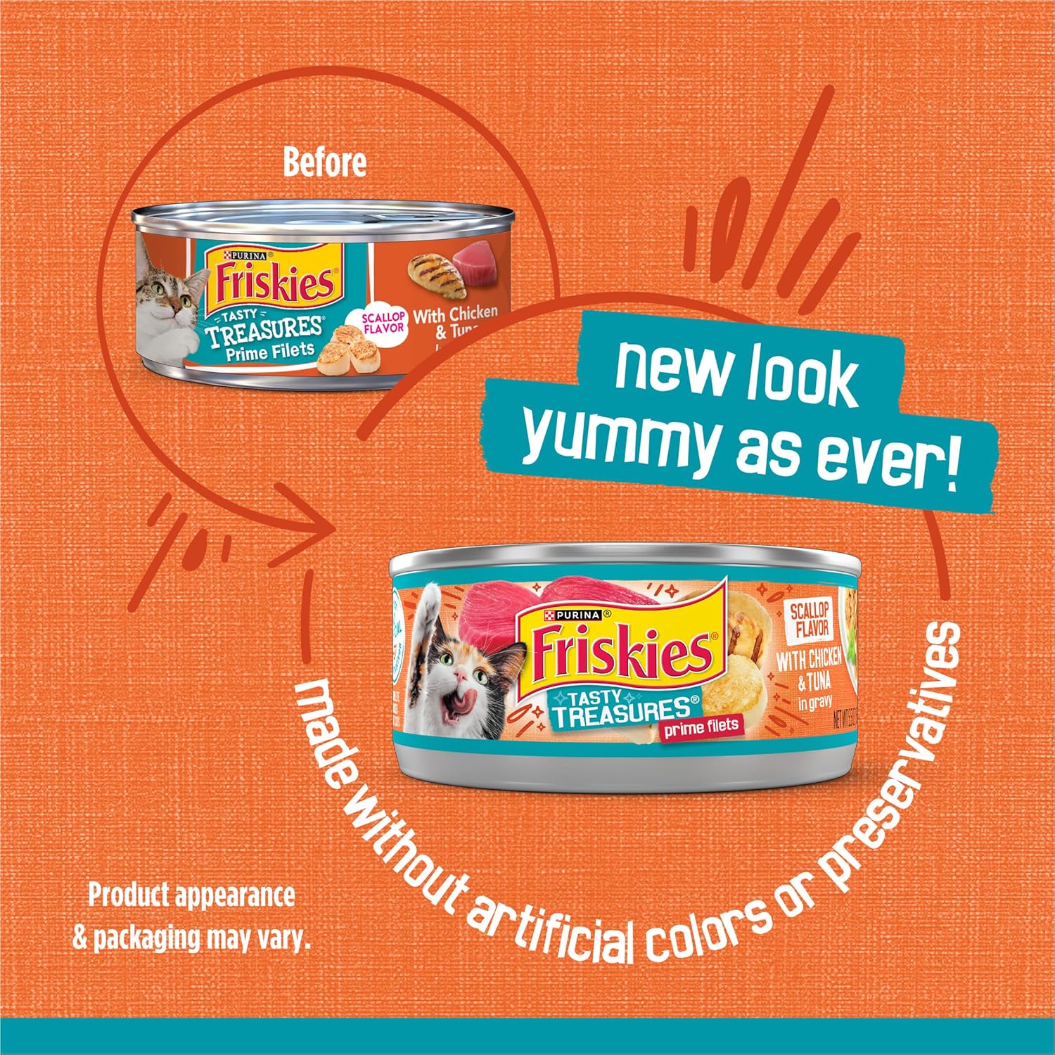 Friskies Tasty Treasures wet cat food cans with chicken and tuna in gravy, scallop flavor, pack of 24, 5.5 oz each