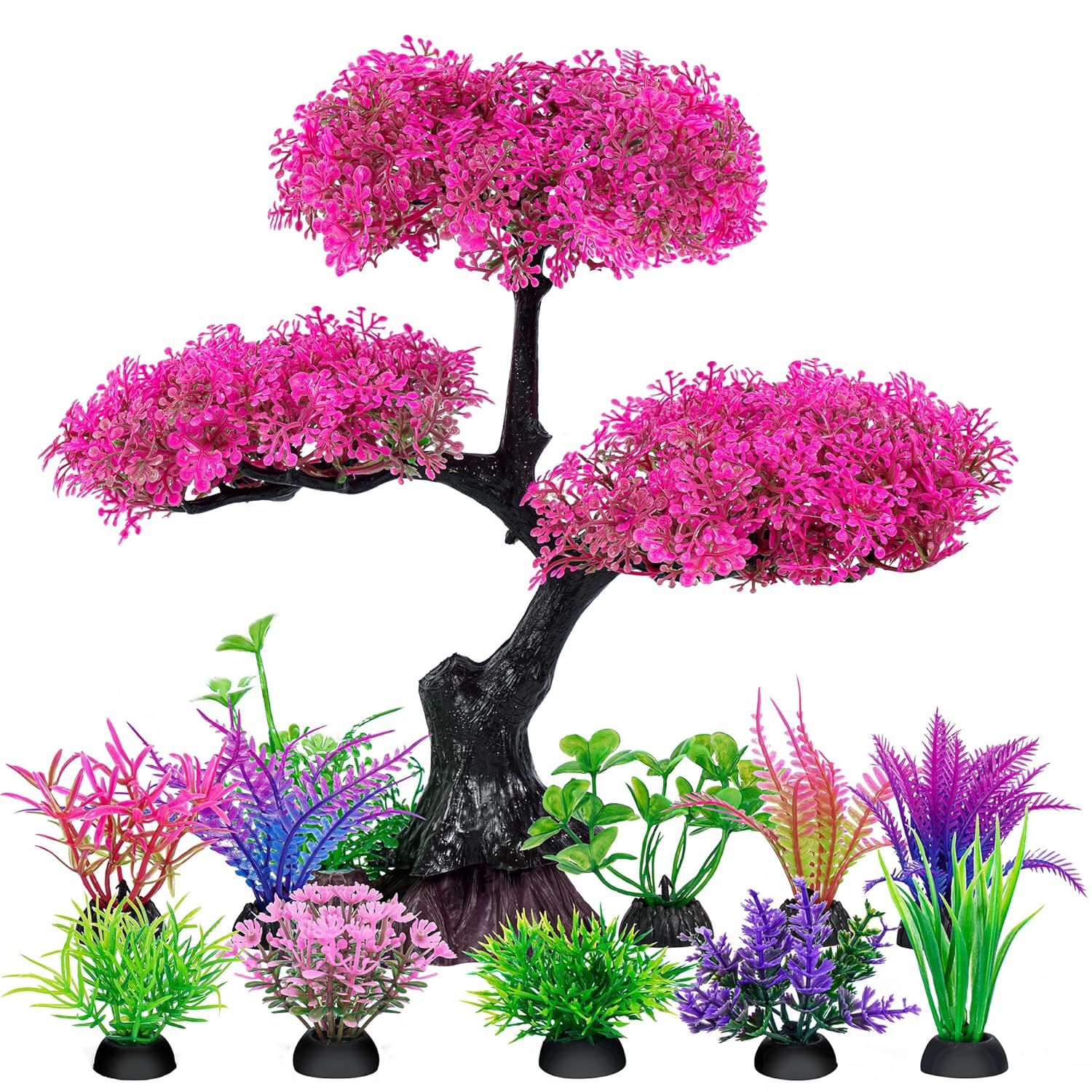 Ameliade Aquarium Artificial Plastic Plants Decoration, Pink Cherry Blossom Tree Aquarium Decor Set